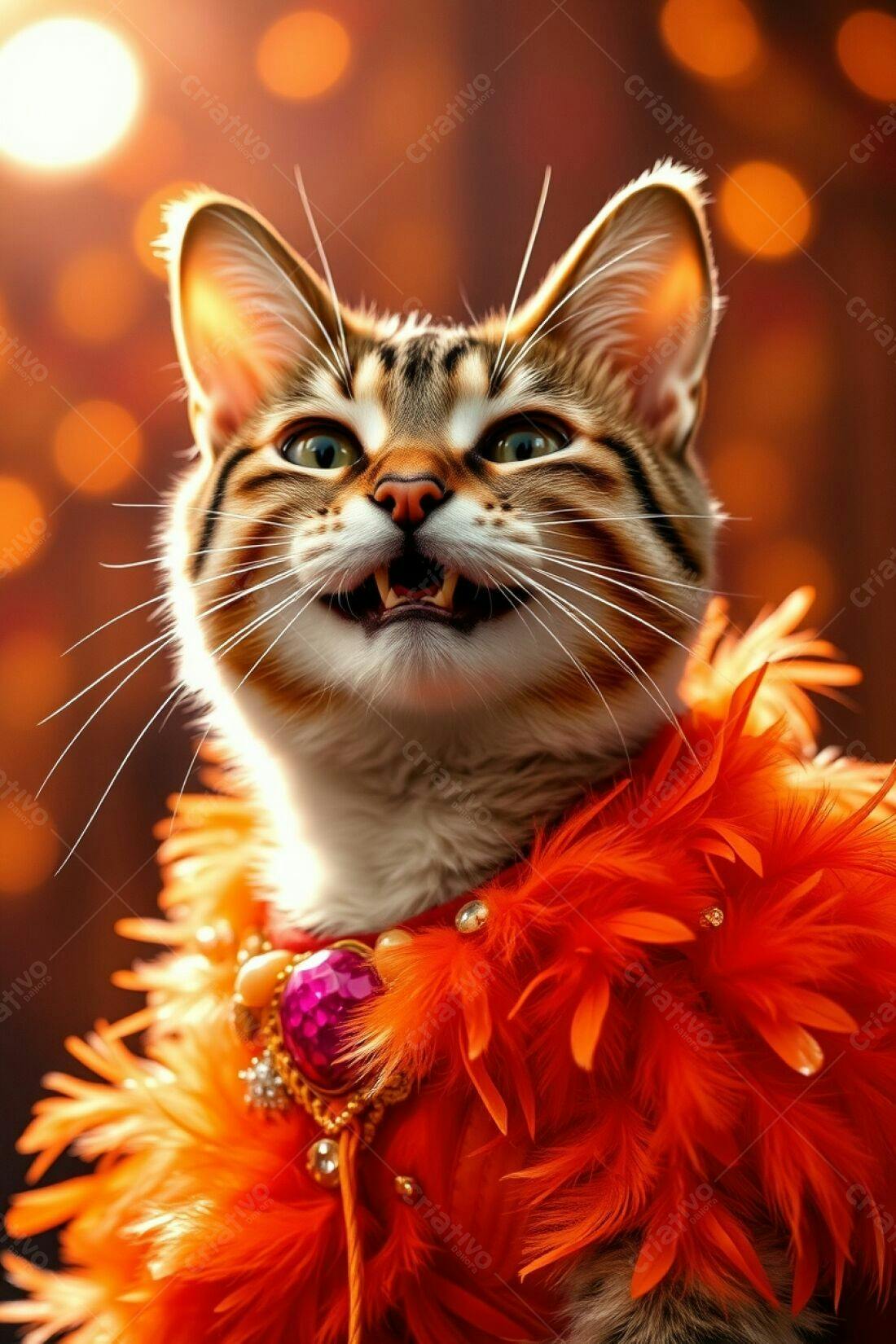 Gato com Penas Laranja e Acessórios