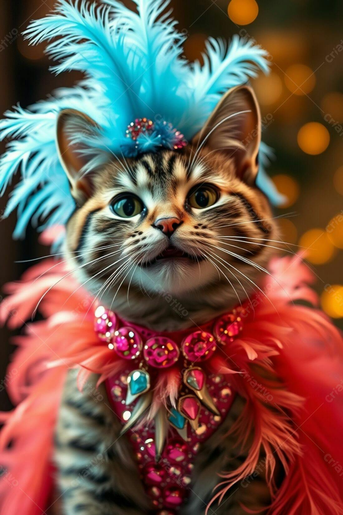 Gatinho com fantasia de penas e cristais