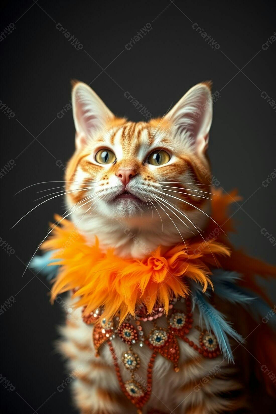 Gato ruivo com colar de penas laranja
