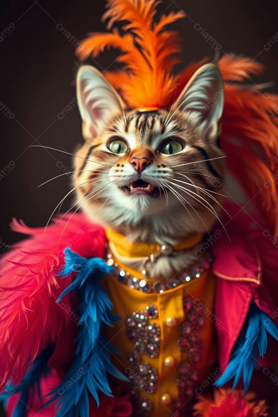 Gato com fantasia de penas coloridas