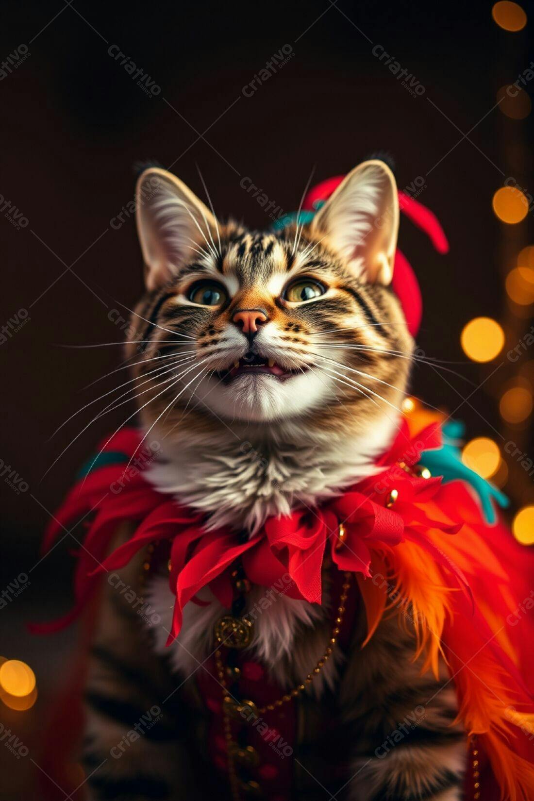 Gato com roupa festiva vermelha e laranja