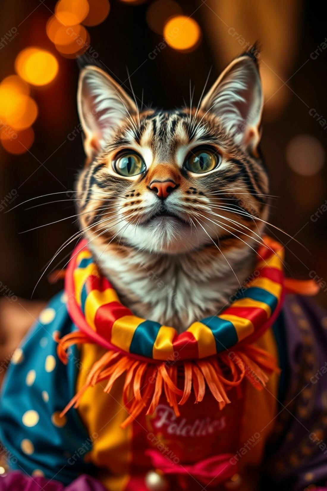 Gato com fantasia de palhaço fundo bokeh
