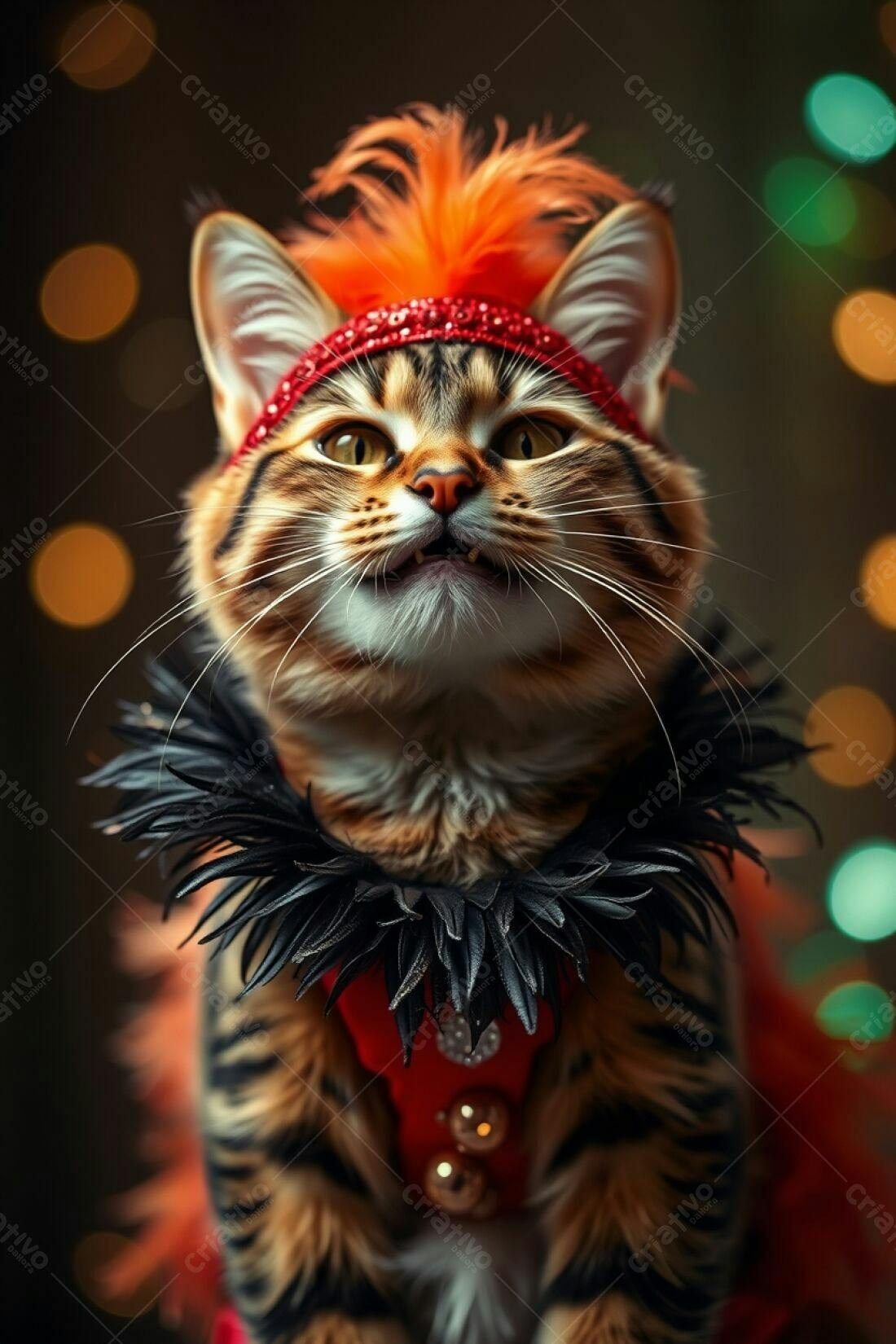 Gato com fantasia de show em fundo festivo