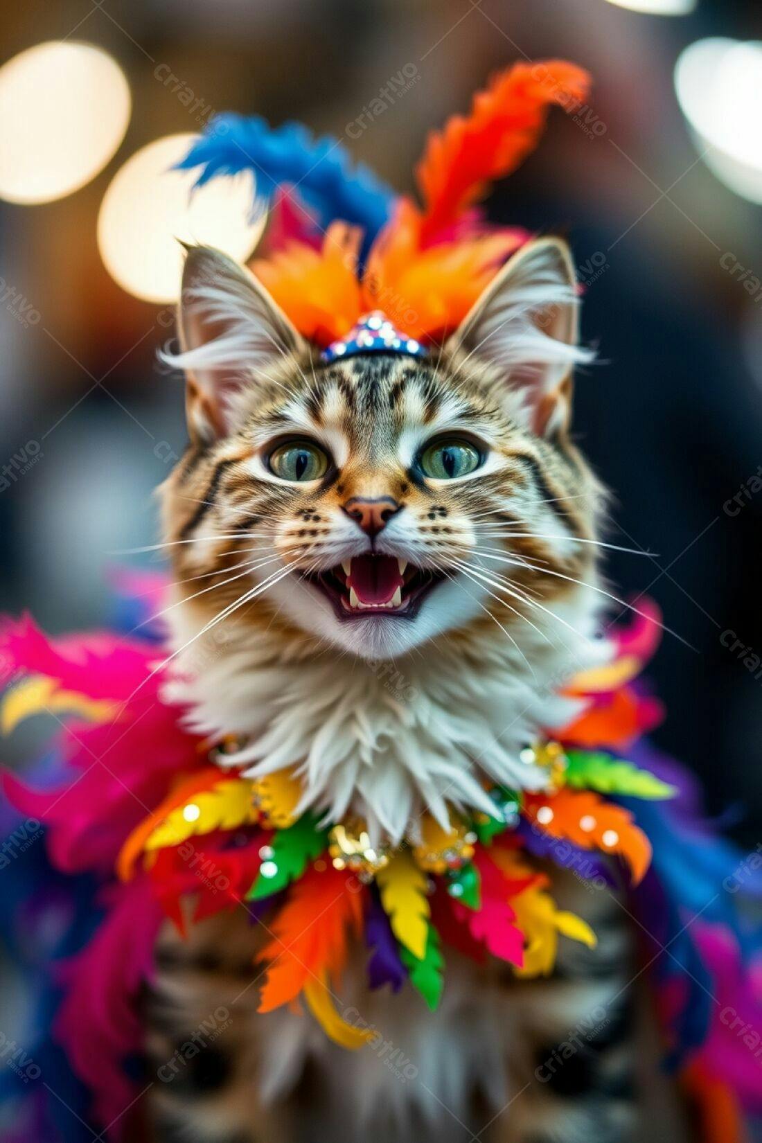 Gato feliz com fantasia colorida