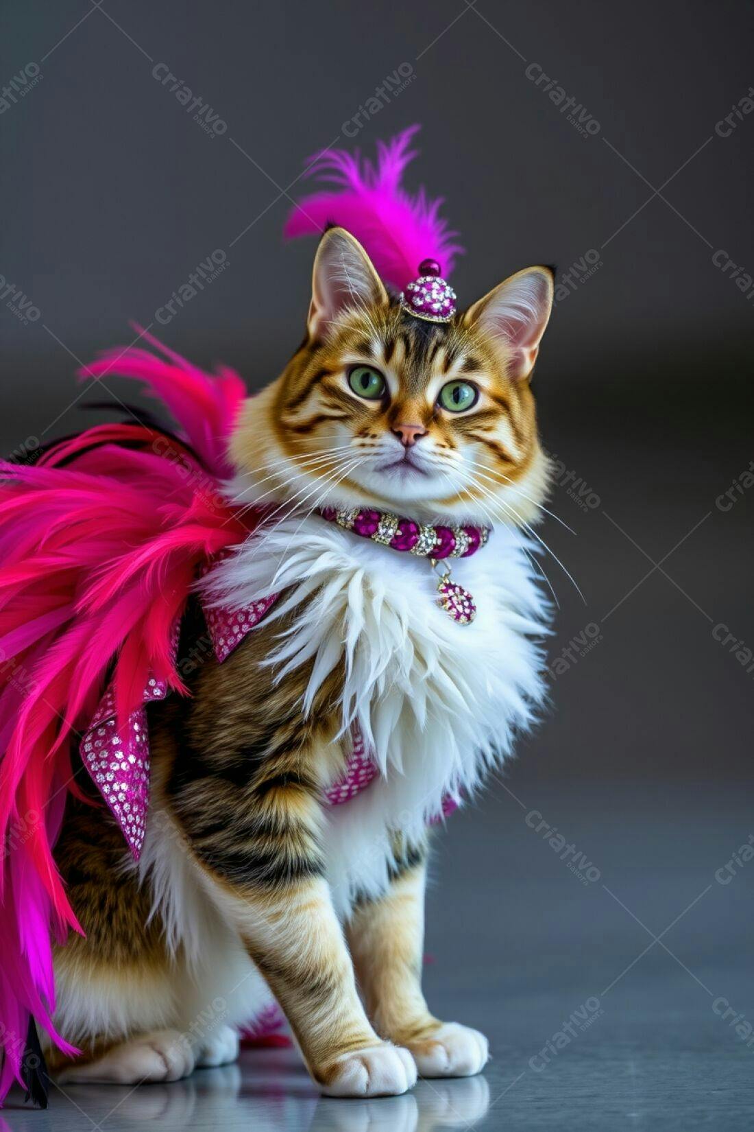 Gata elegante com fantasia rosa e penas