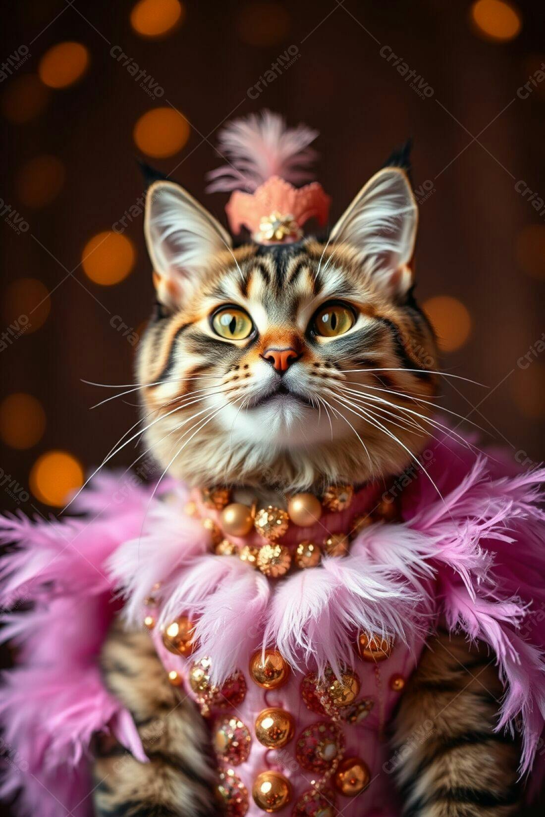 Gato elegante em roupa rosa e dourada