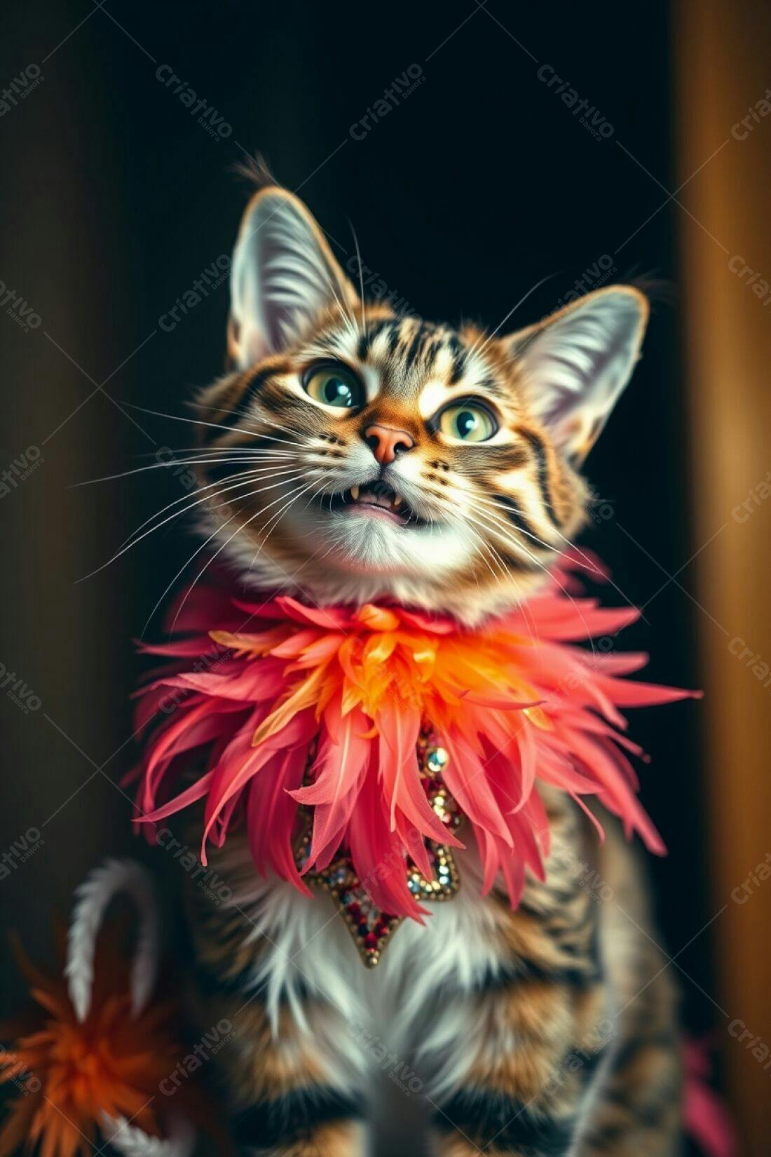 Gatinho com colar de penas coloridas