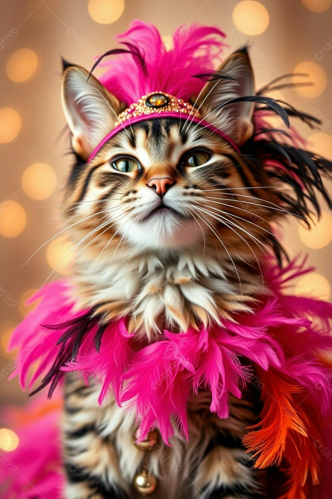 Gato com penas rosa e tiara em fundo dourado