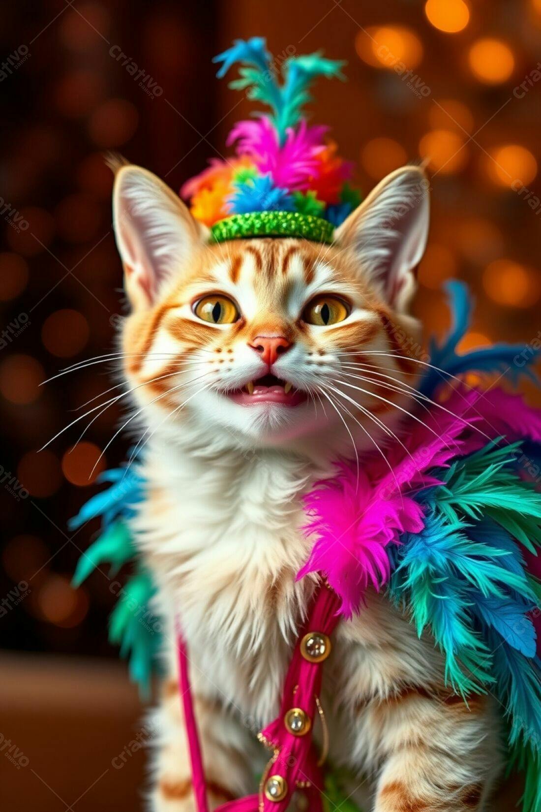 Gato ruivo com fantasia de penas coloridas