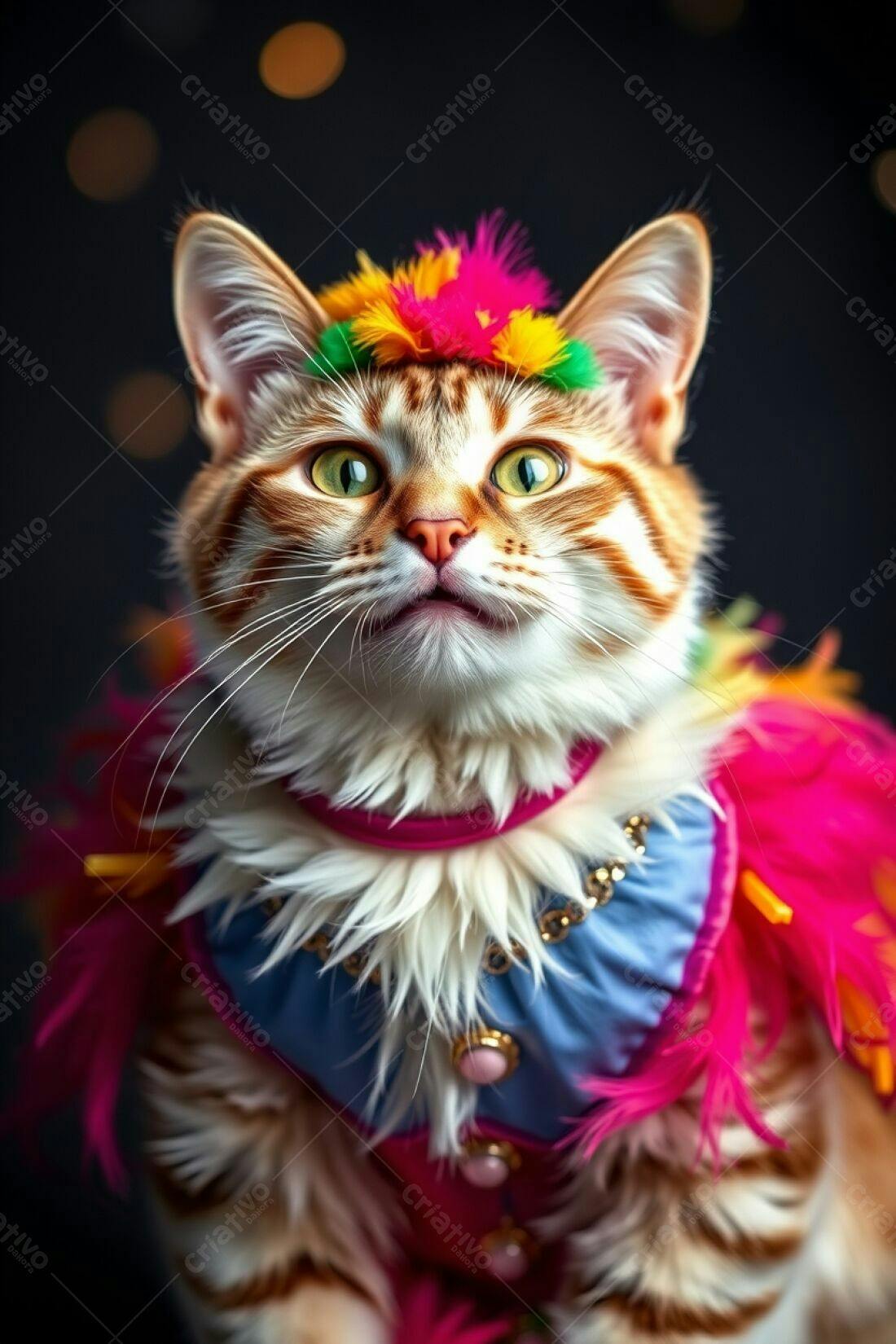 Gato com fantasia colorida e fundo escuro