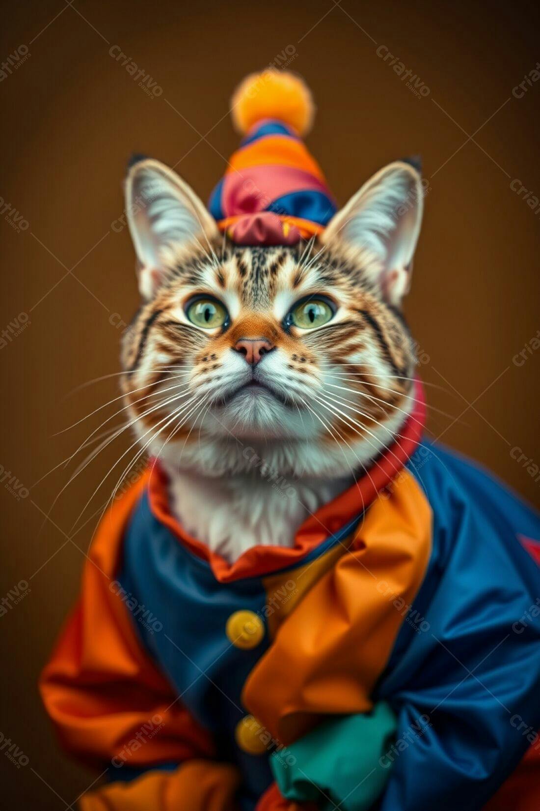 Gato com roupa de palhaço em fundo marrom