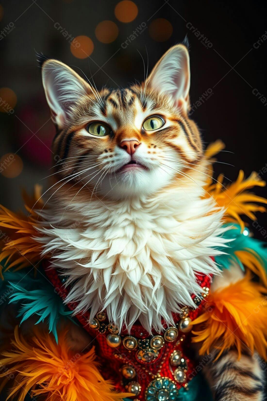 Gato com fantasia de penas coloridas