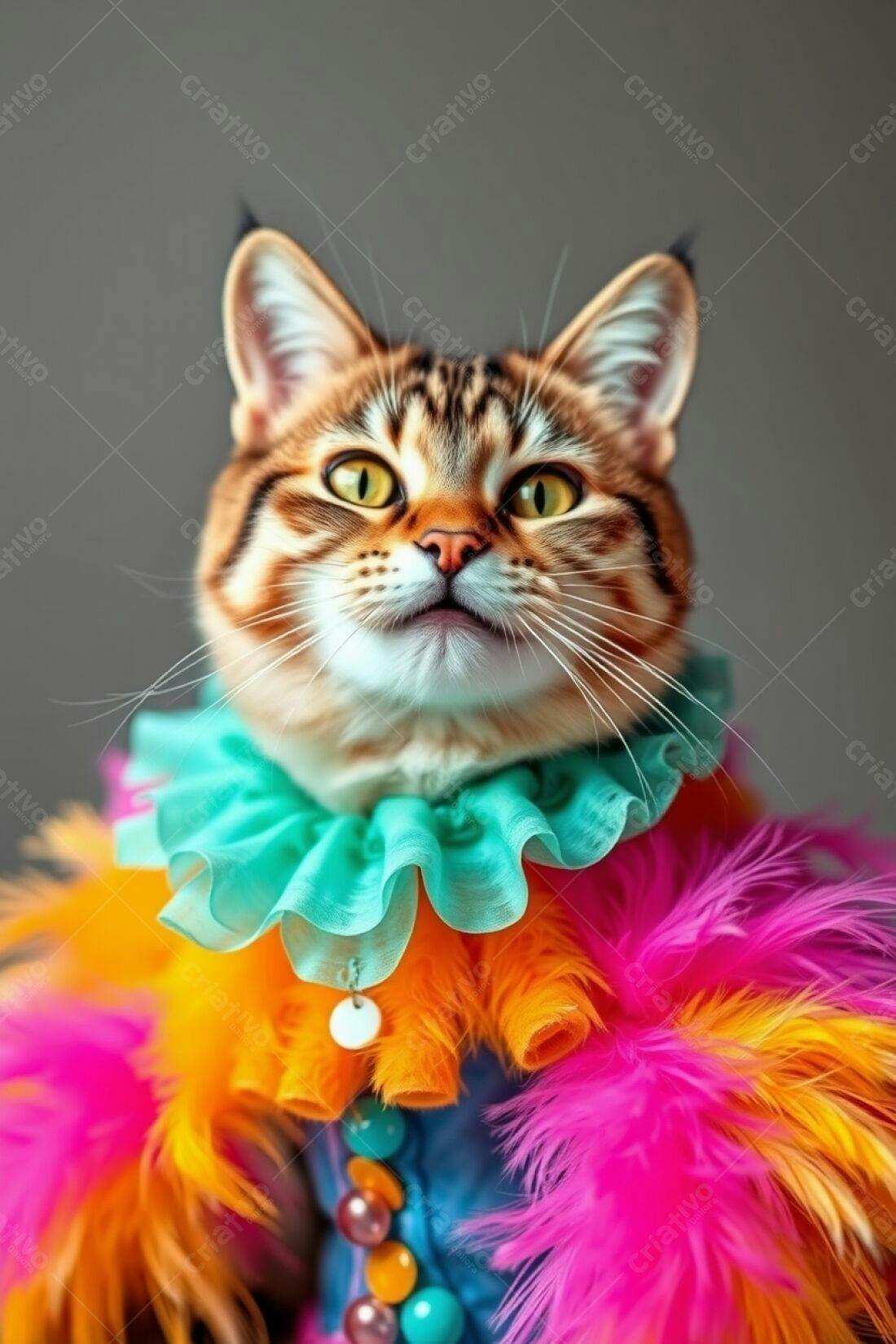 Gato com fantasia colorida e plumas