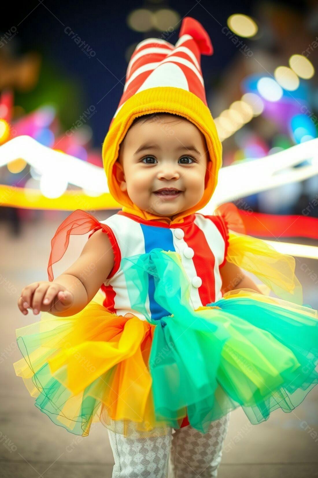 Bebê sorridente fantasiada de palhaço colorida