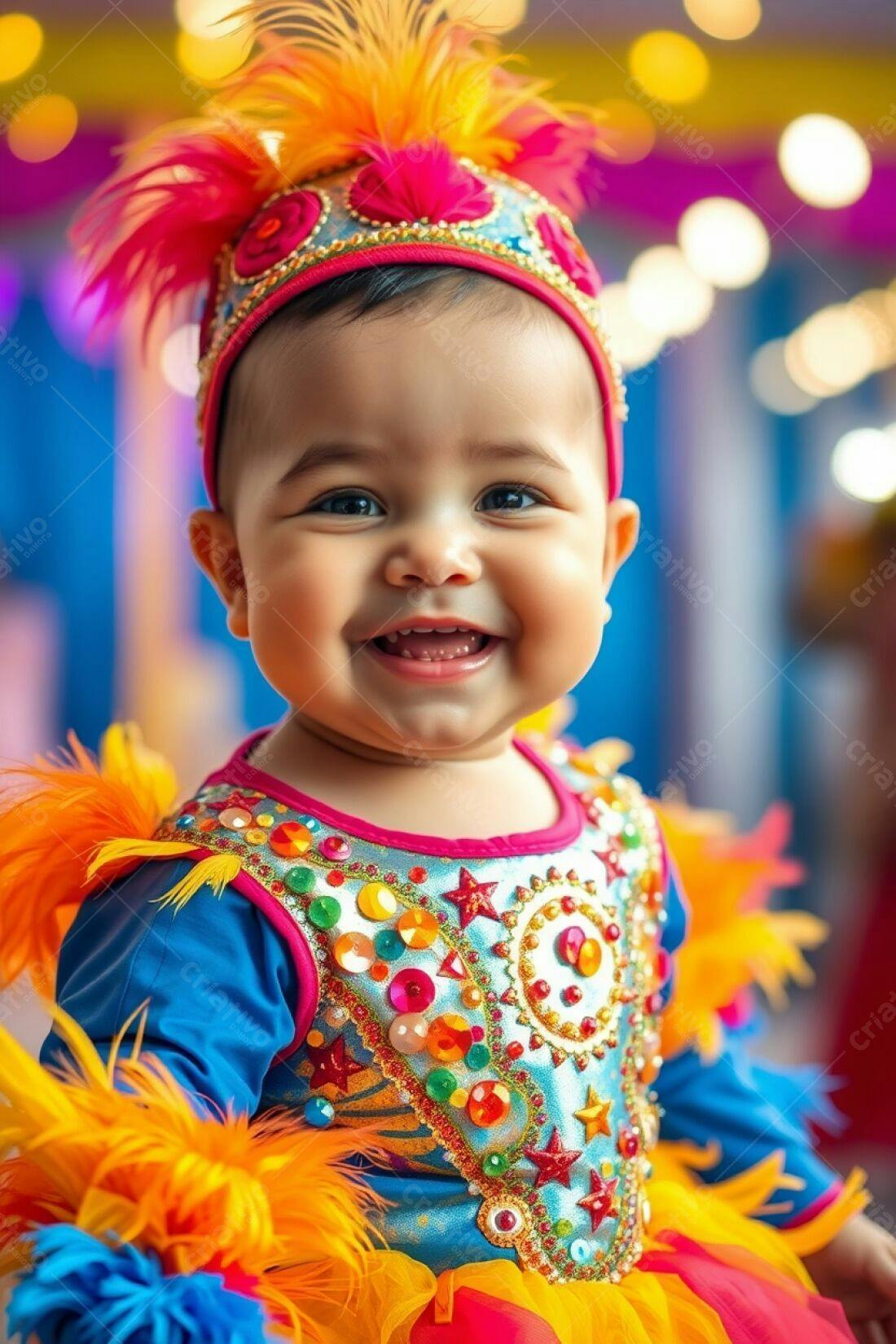 Bebê sorridente fantasiada de Carnaval