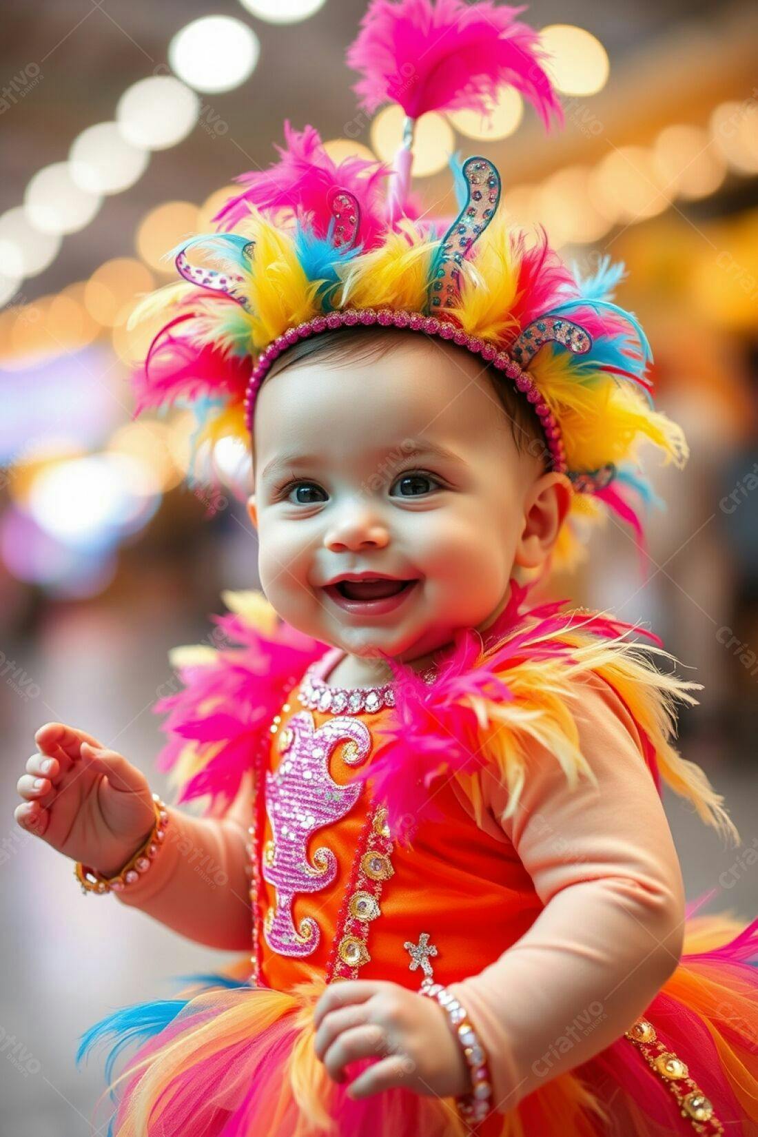 Bebê sorridente com fantasia colorida de carnaval