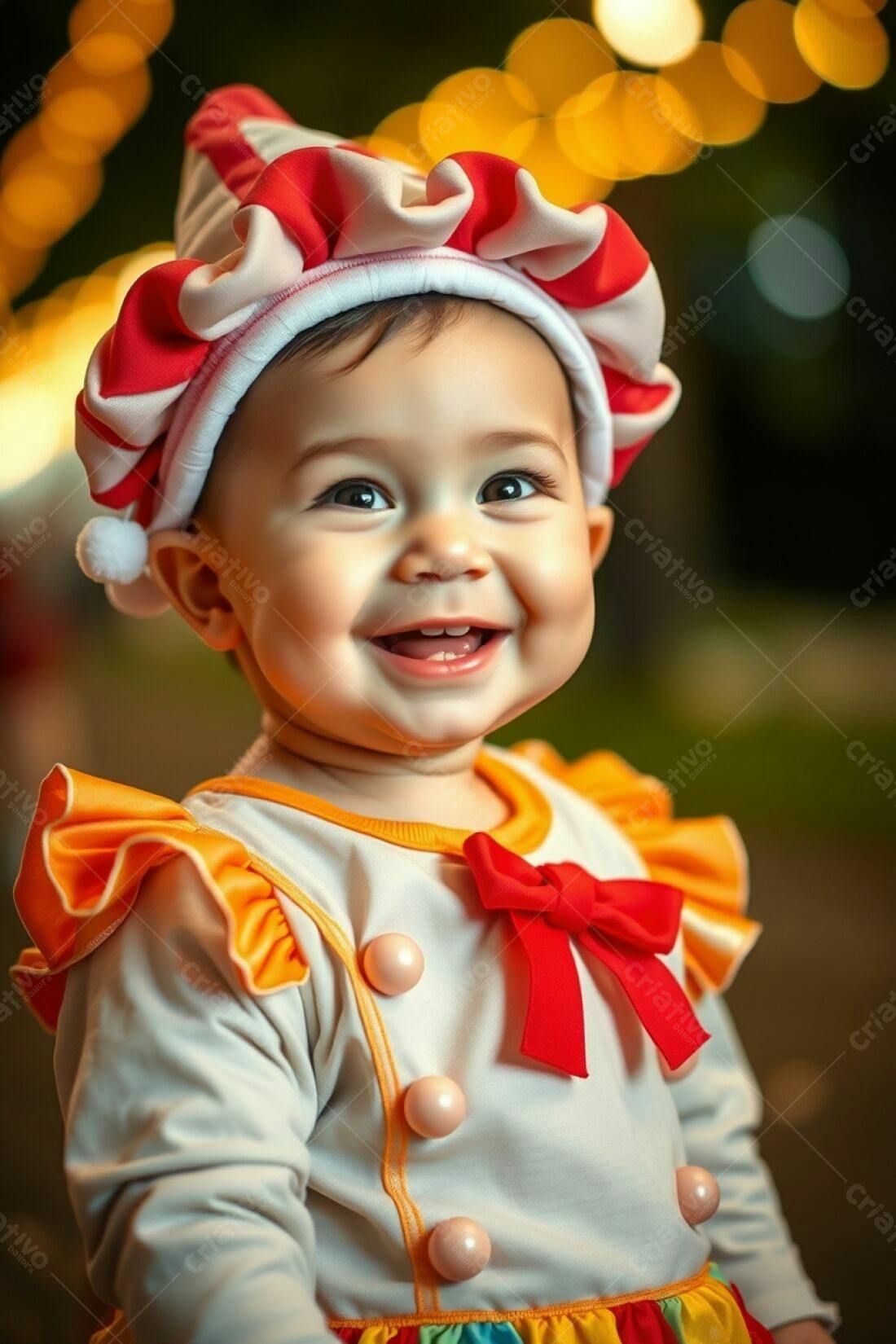 Bebê sorridente fantasia palhaço luzes fundo