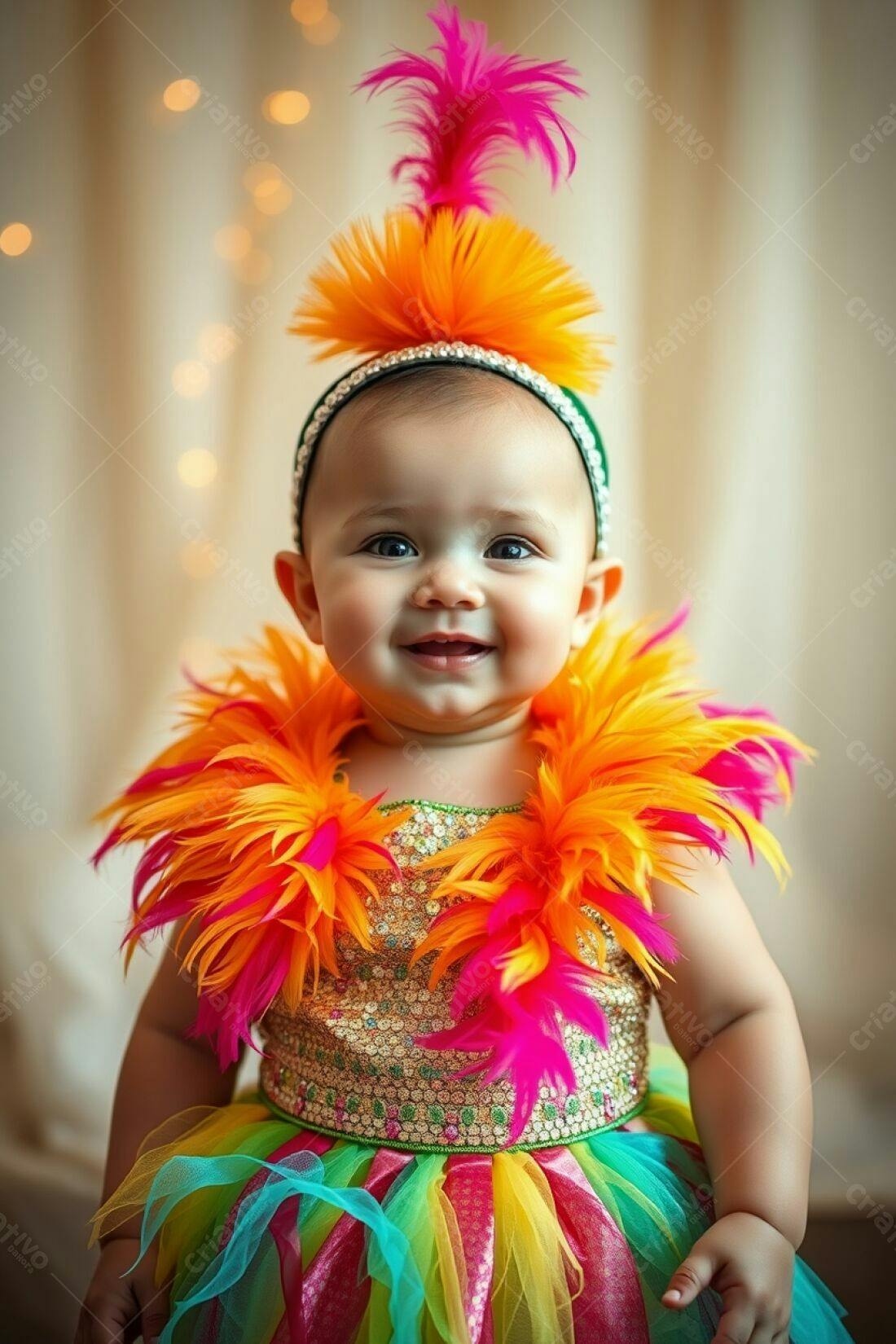 Bebê sorridente em fantasia colorida de penas