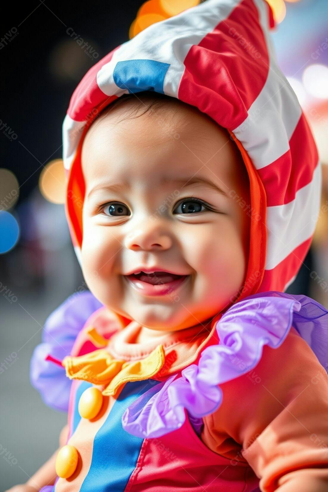 Bebê sorridente fantasia palhaço cores vibrantes
