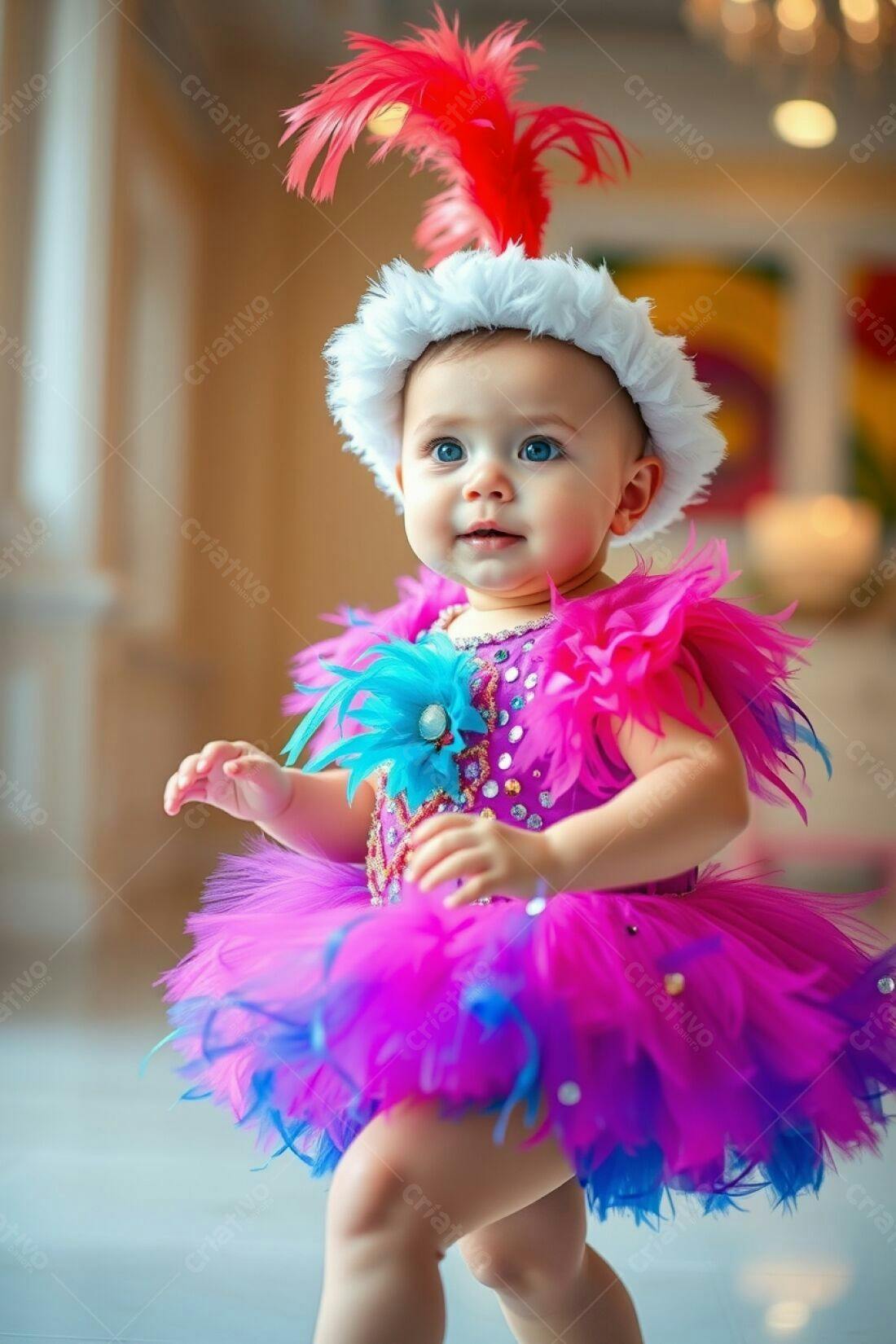 Bebê fofa em vestido colorido penas