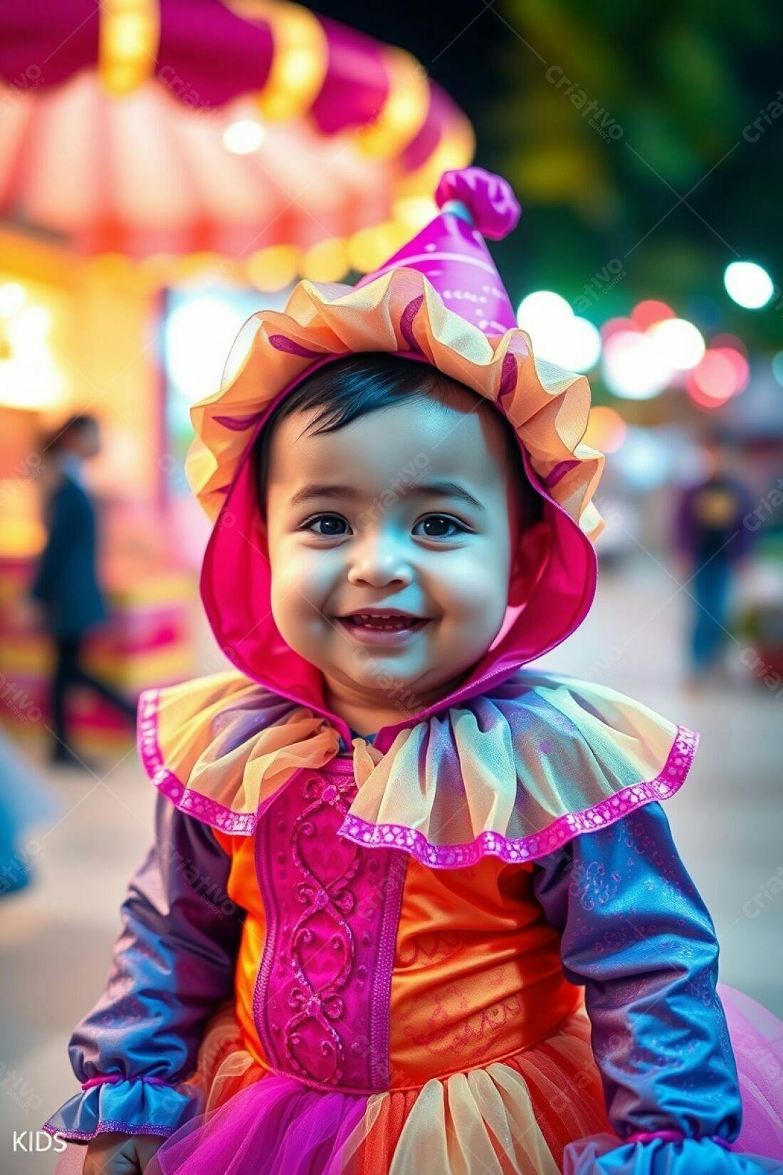 Bebê sorridente em fantasia de palhaço