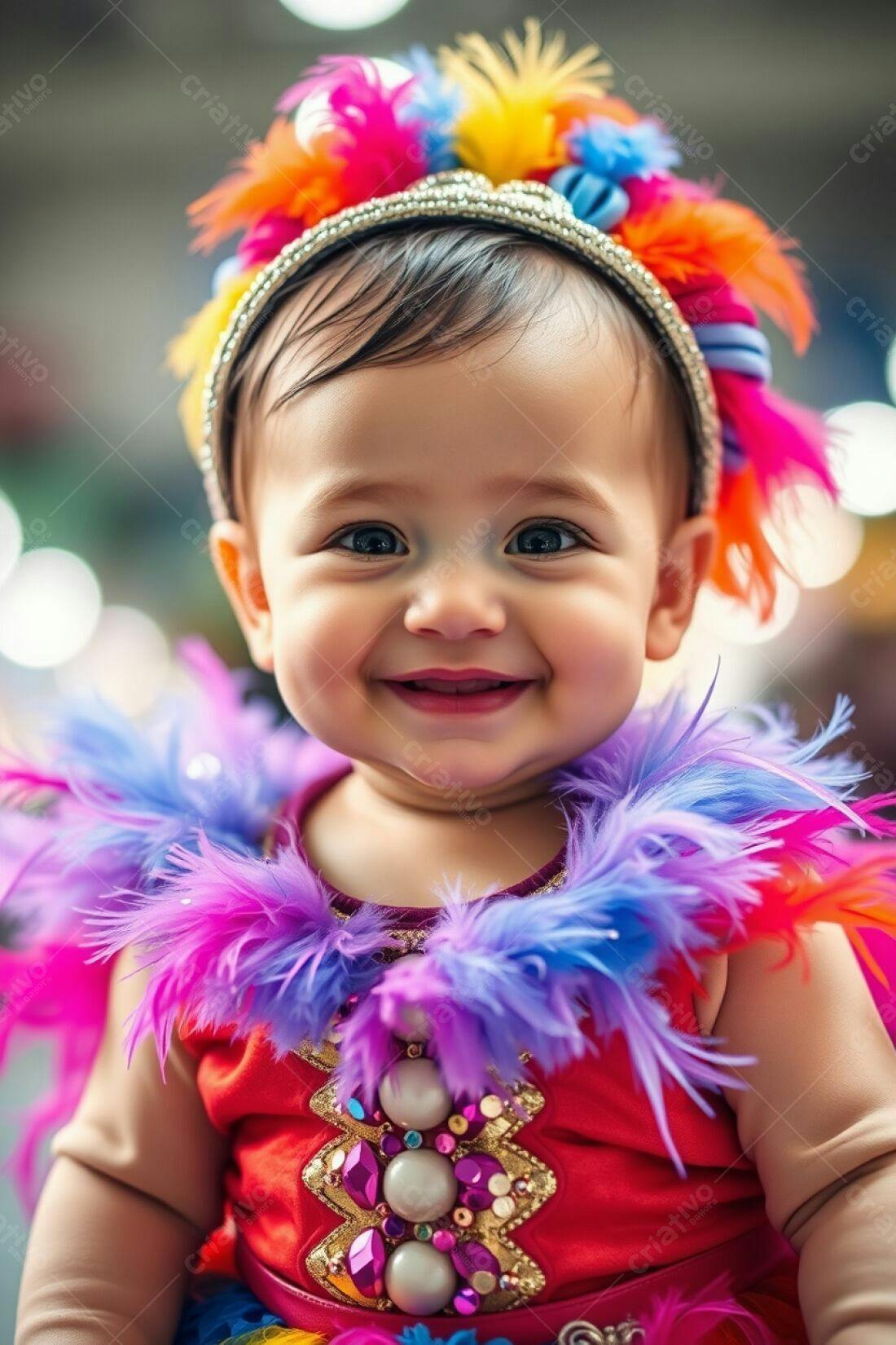 Bebê sorridente com fantasia colorida de Carnaval