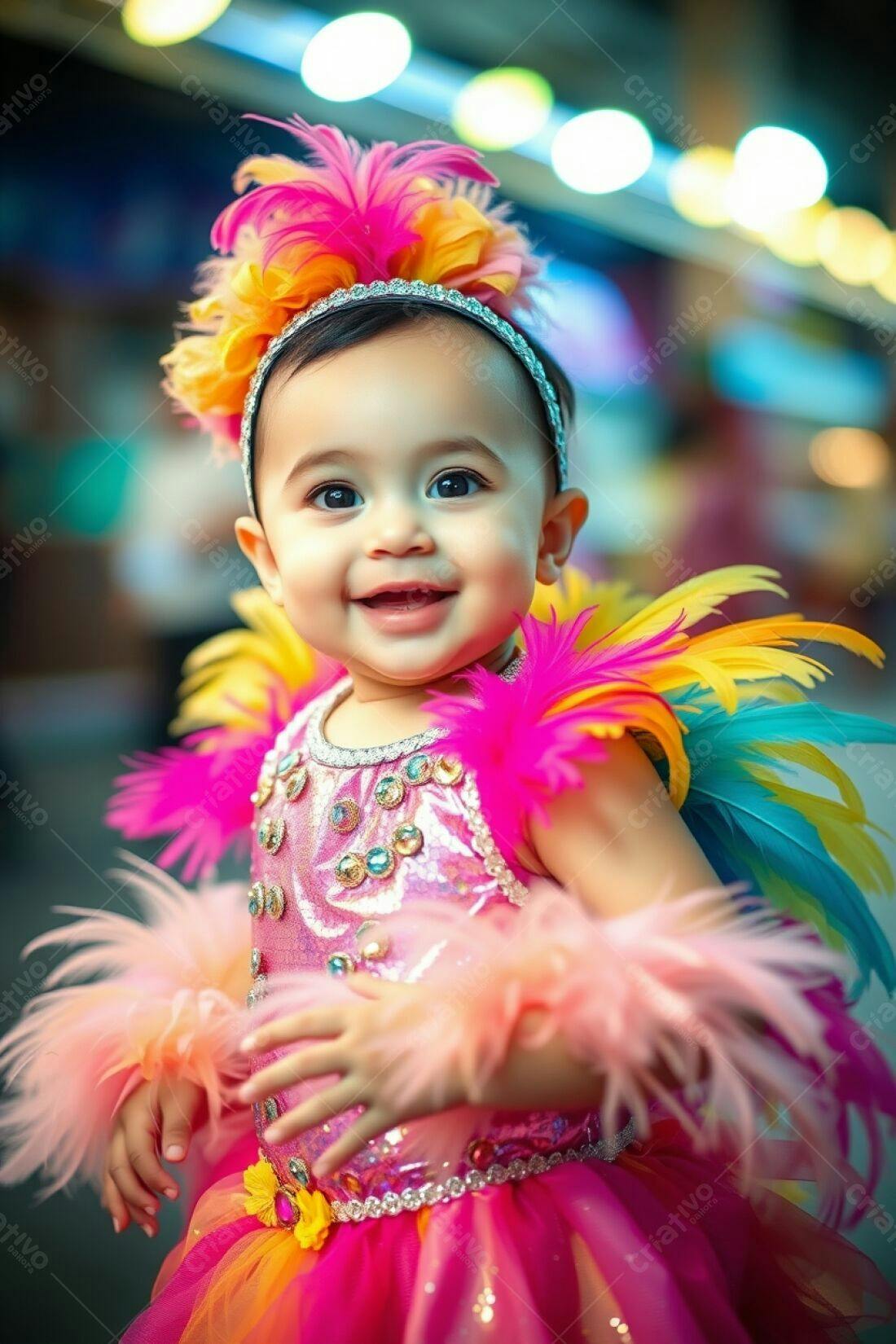 Bebê sorridente em fantasia colorida de penas