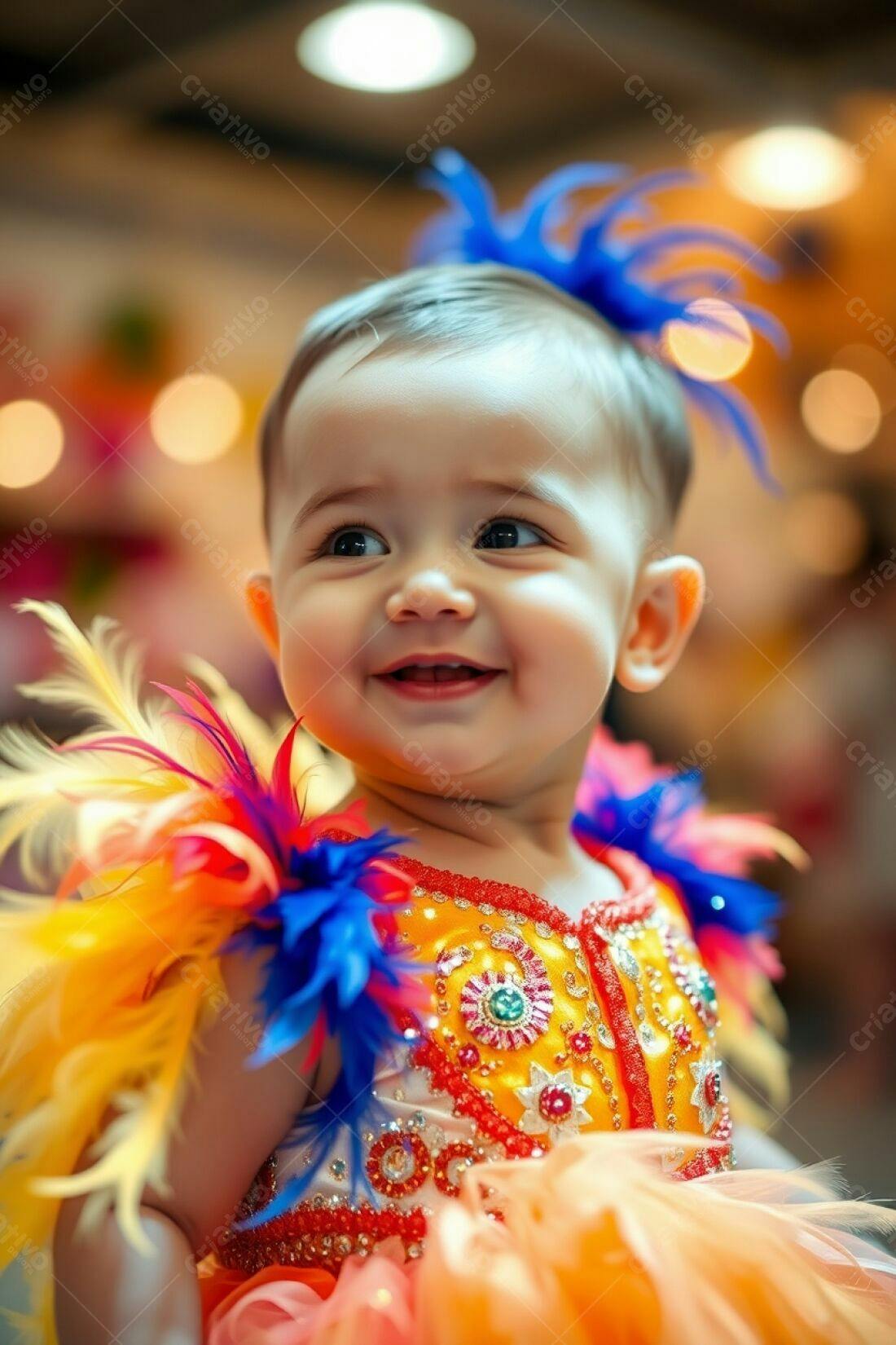 Bebê sorridente em fantasia colorida de Carnaval