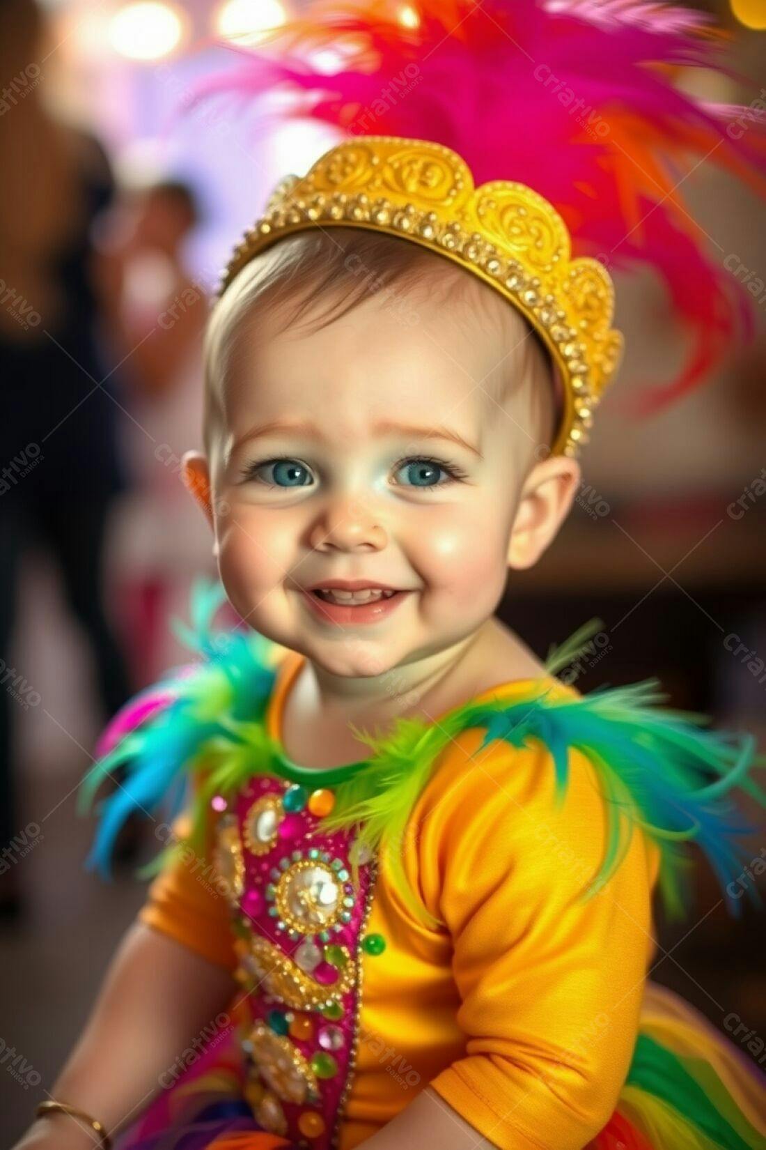 Bebê sorridente com coroa de penas coloridas