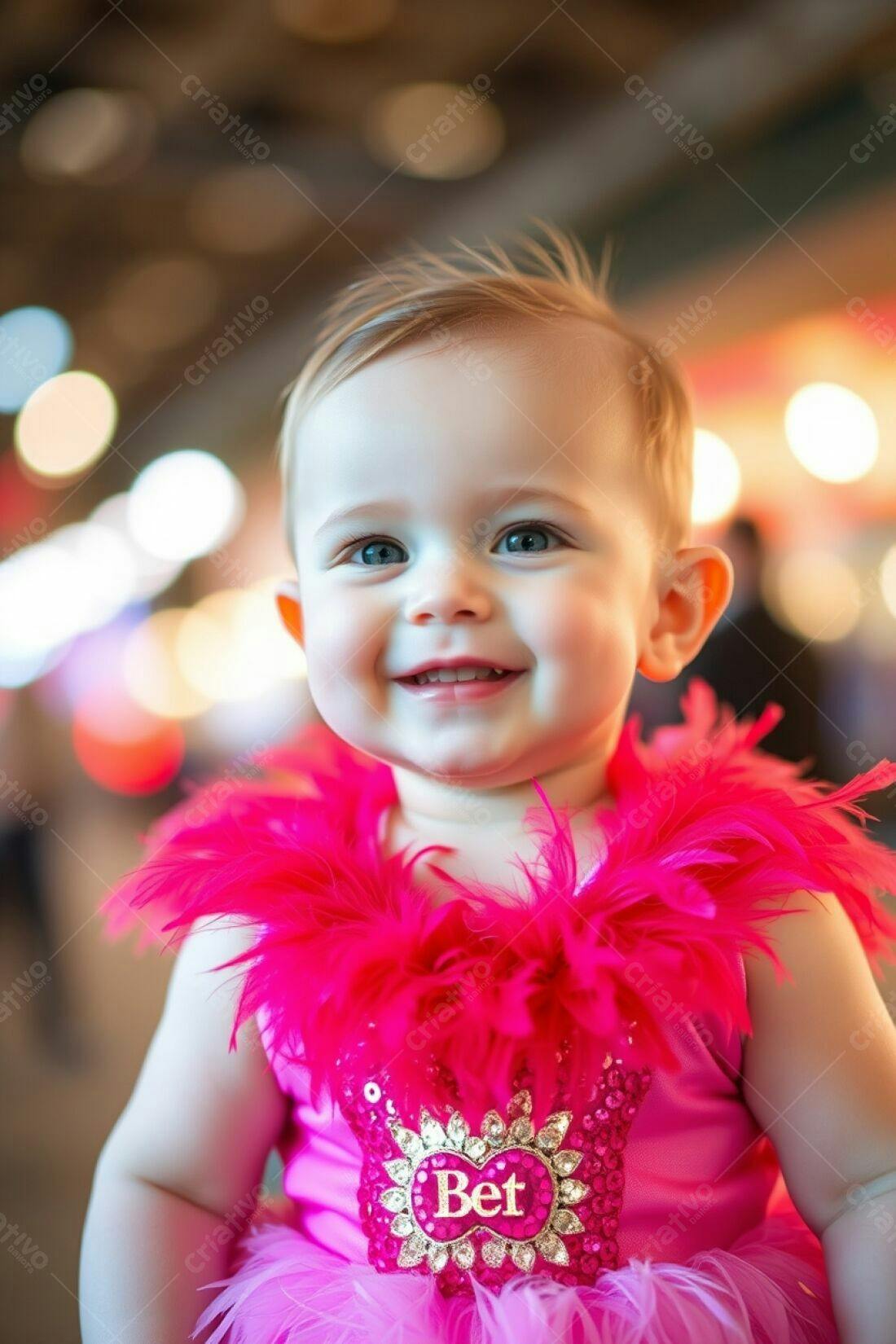 Bebê sorridente em vestido rosa com plumas