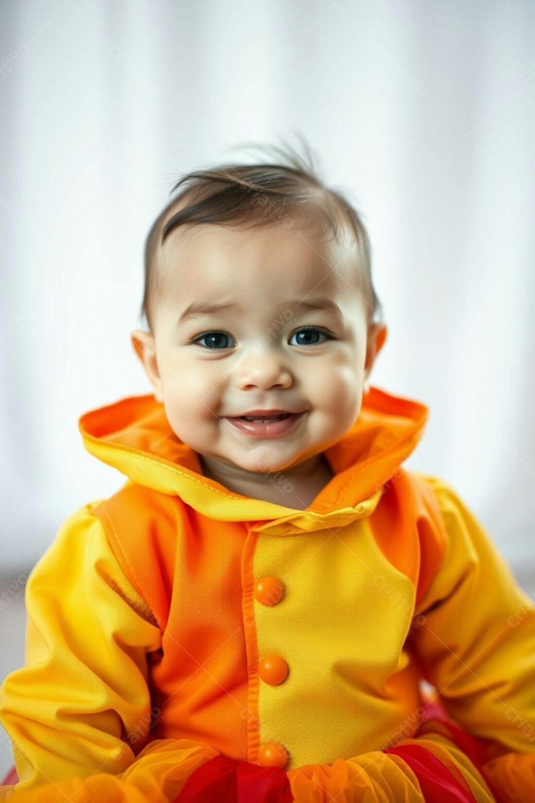 Bebê sorridente em roupa laranja e amarela