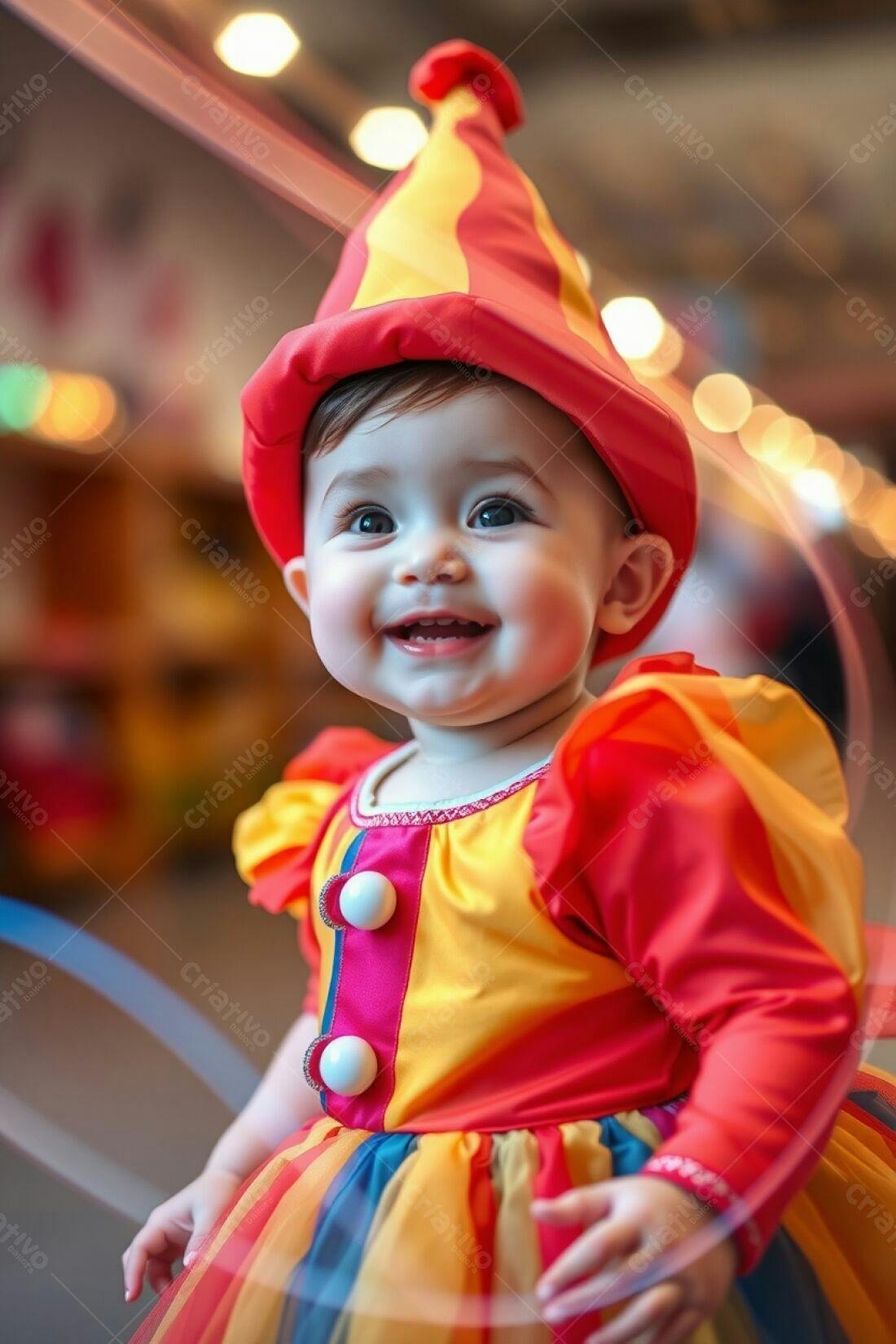 Bebê sorridente fantasiada de palhaço