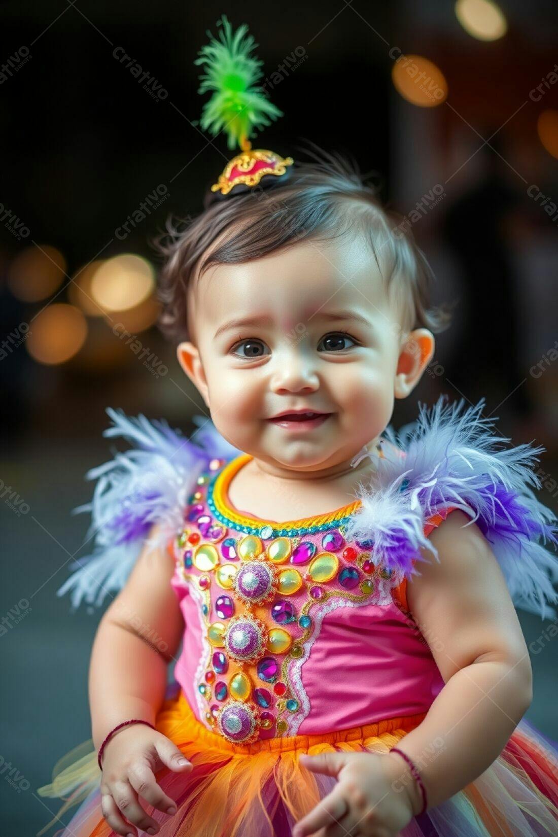 Bebê sorridente com vestido colorido