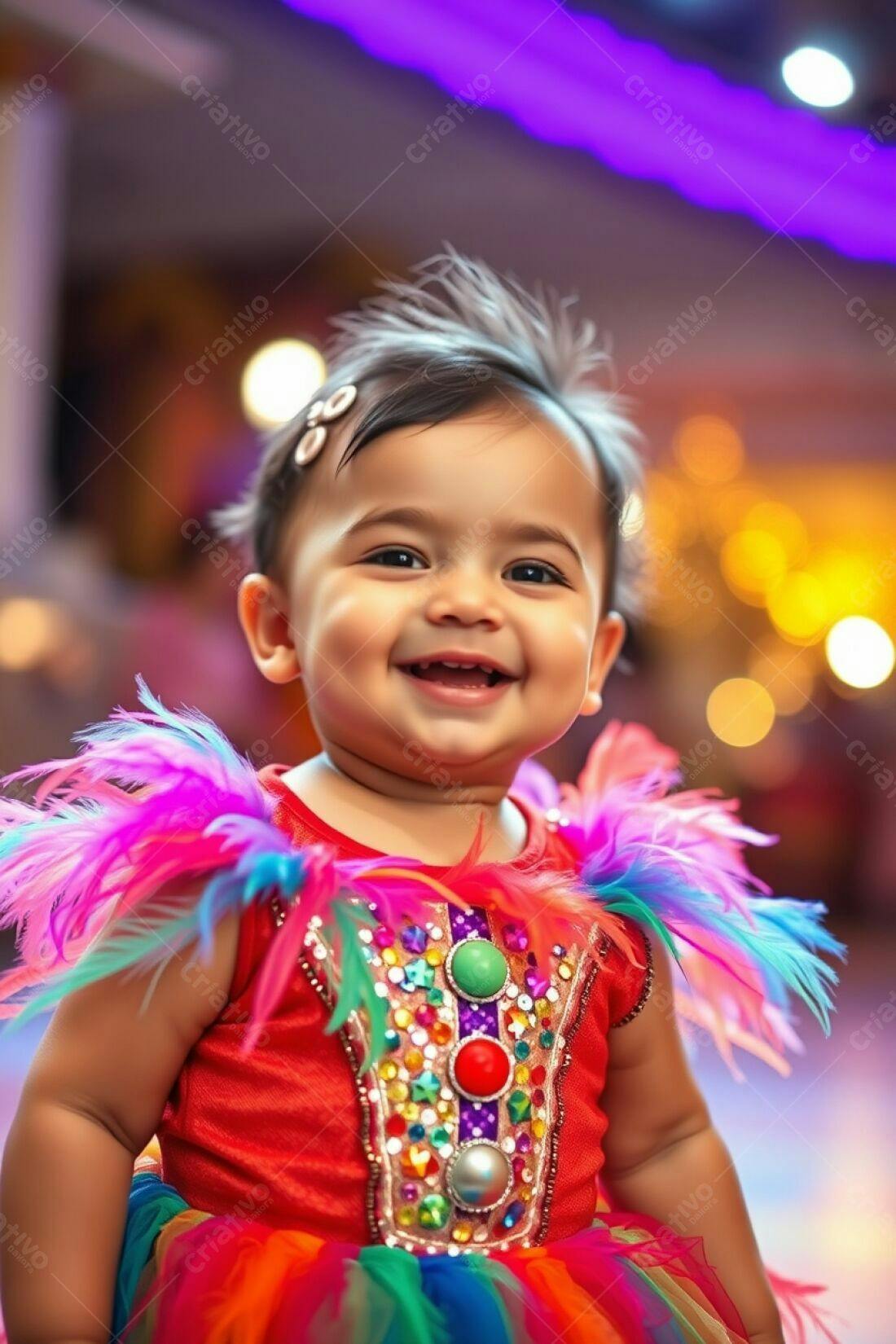 Bebê sorridente em fantasia de palhaço colorida
