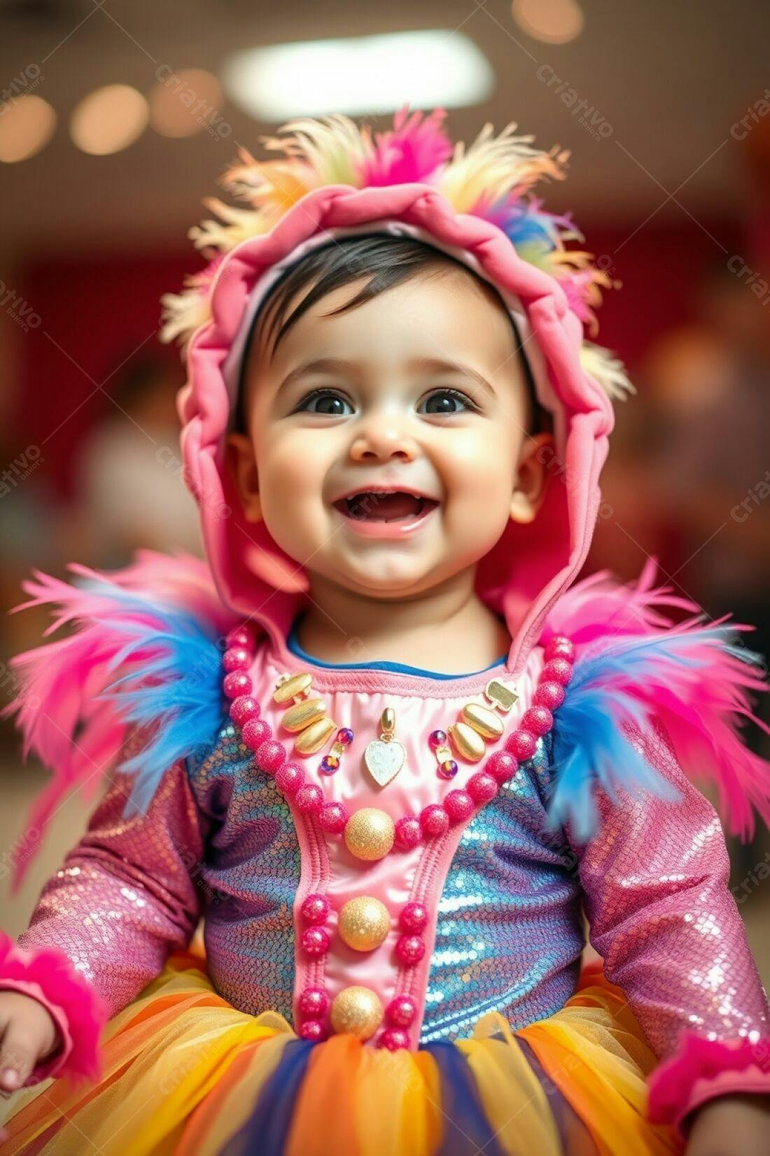 Bebê sorridente em fantasia colorida festa