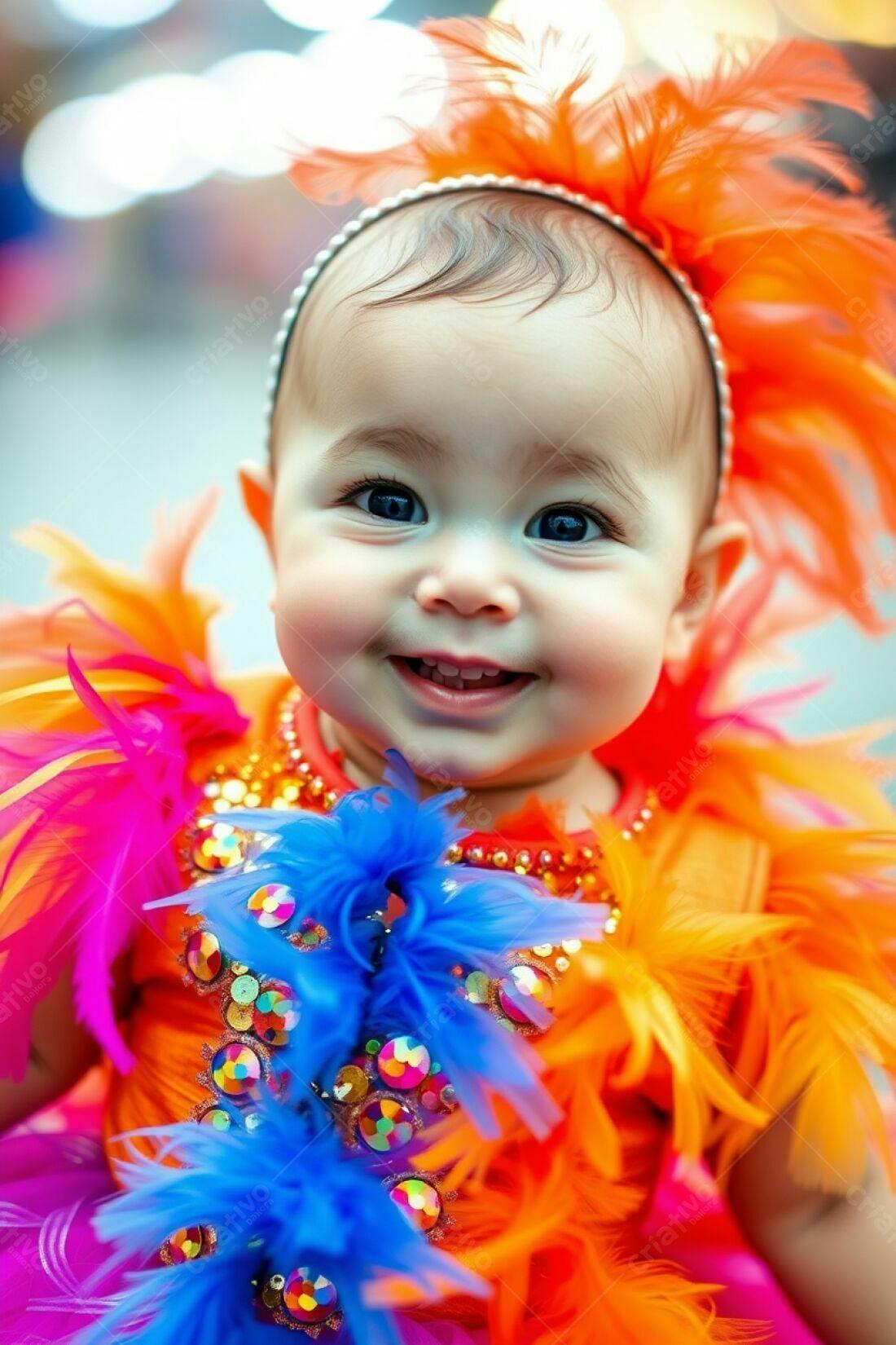 Bebê sorridente com fantasia de penas coloridas
