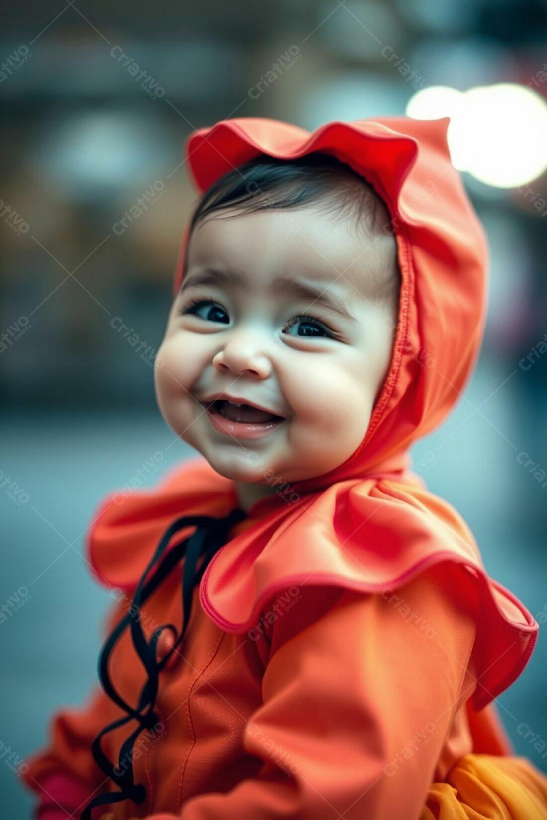 Bebê sorrindo com roupa laranja