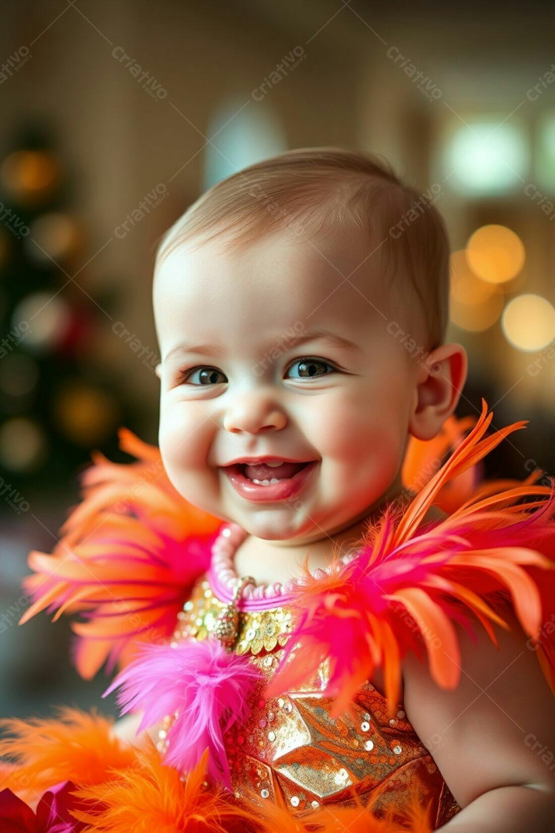 Bebê sorridente em roupa com penas laranja e rosa