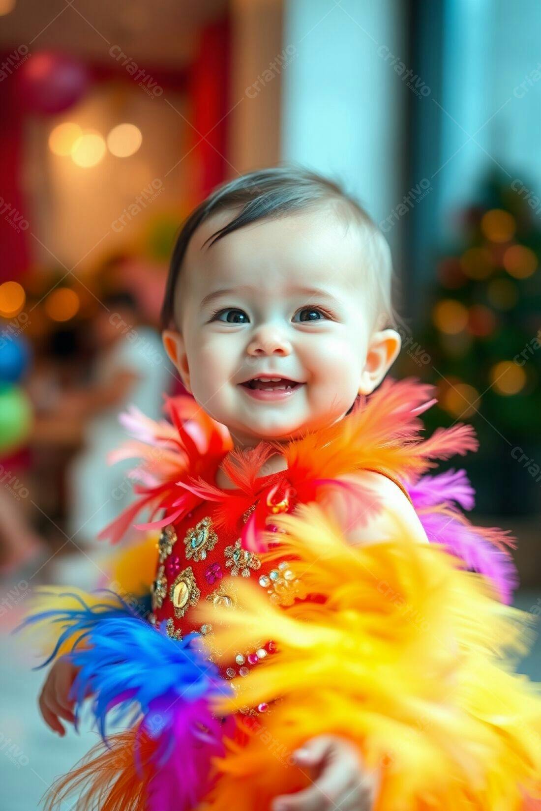 Bebê sorridente com roupa de penas coloridas