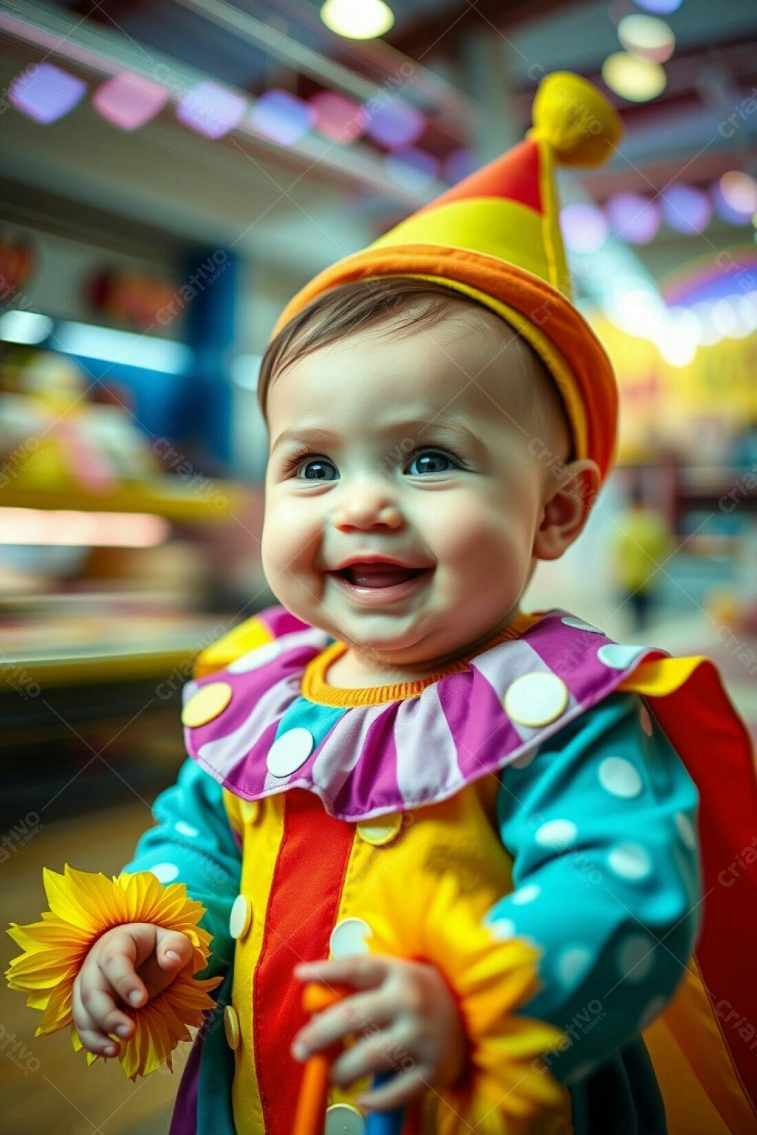 Bebê sorridente fantasiado de palhaço