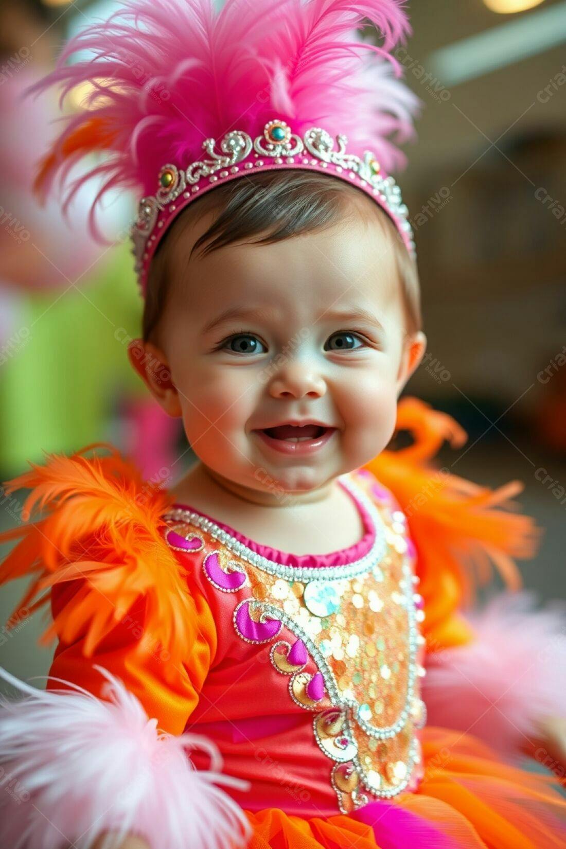 Bebê sorridente com fantasia colorida de penas