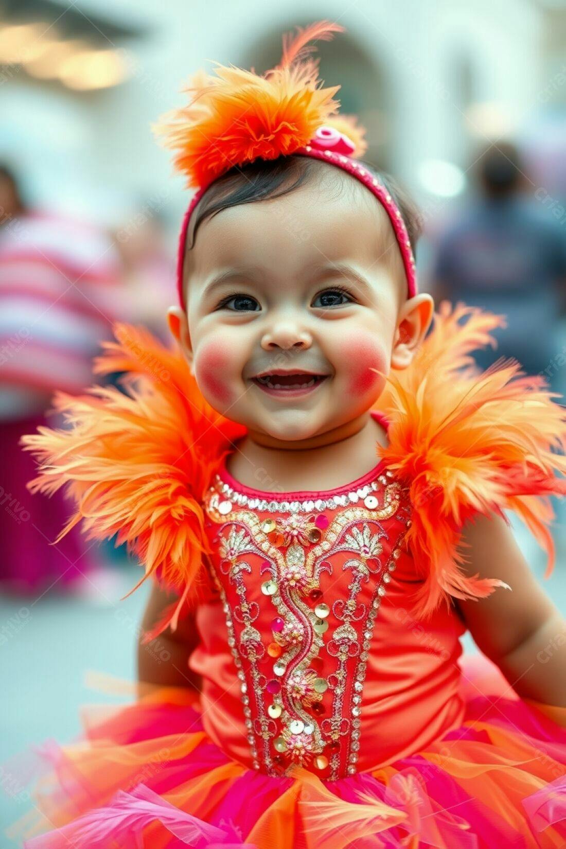 Bebê sorridente em fantasia laranja e rosa