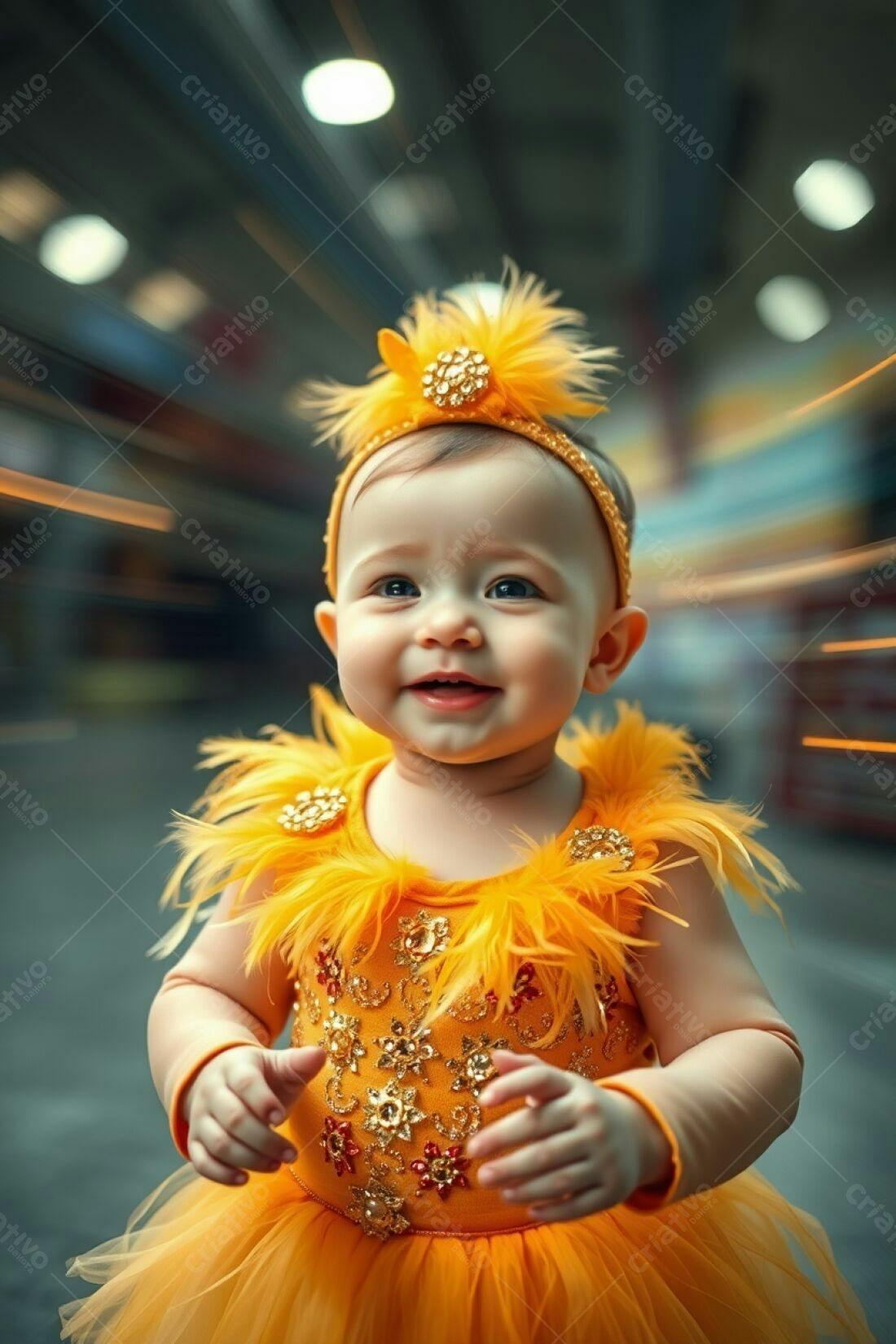 Bebê sorridente em vestido amarelo de penas
