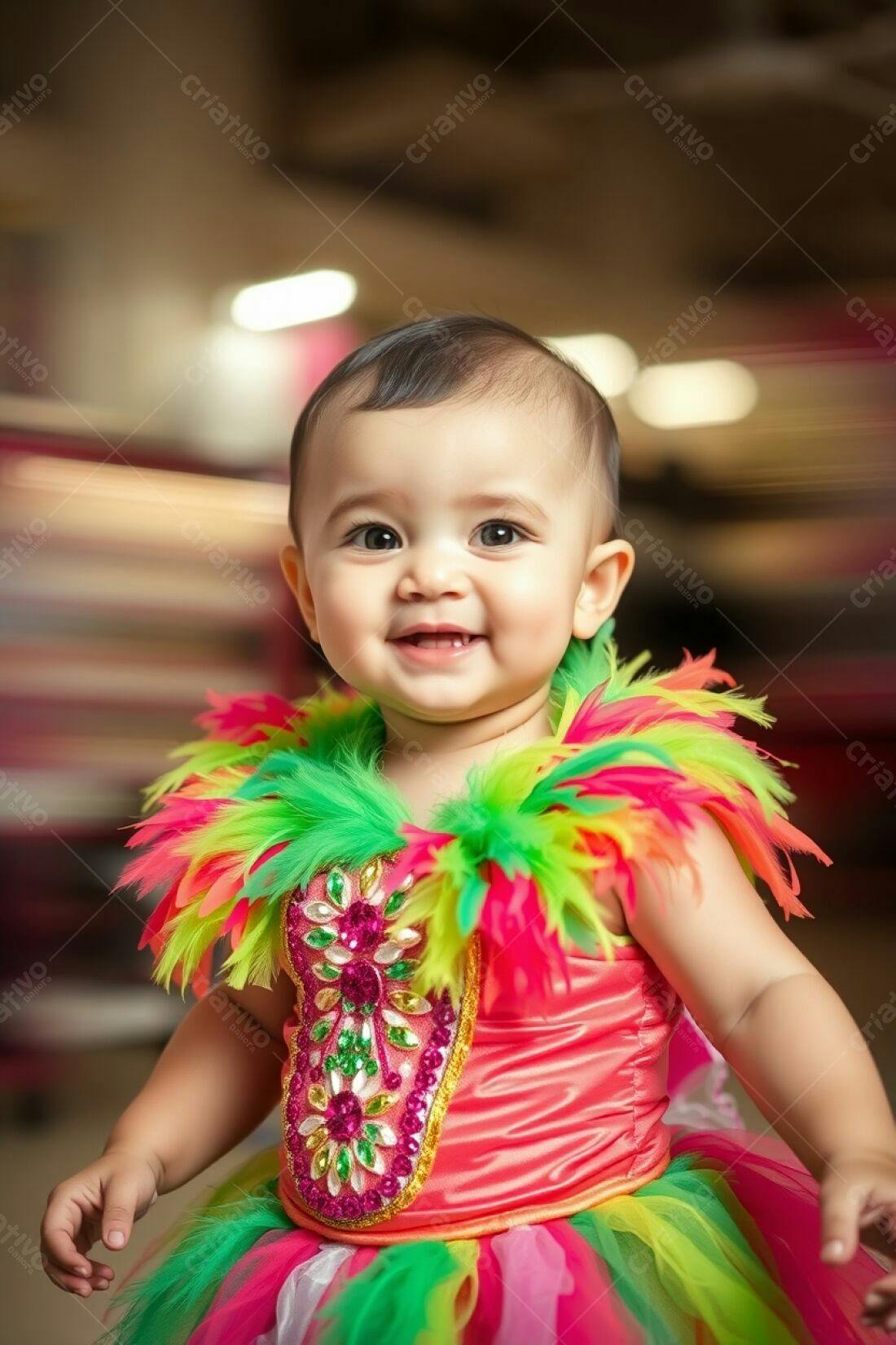 Bebê sorridente em fantasia colorida