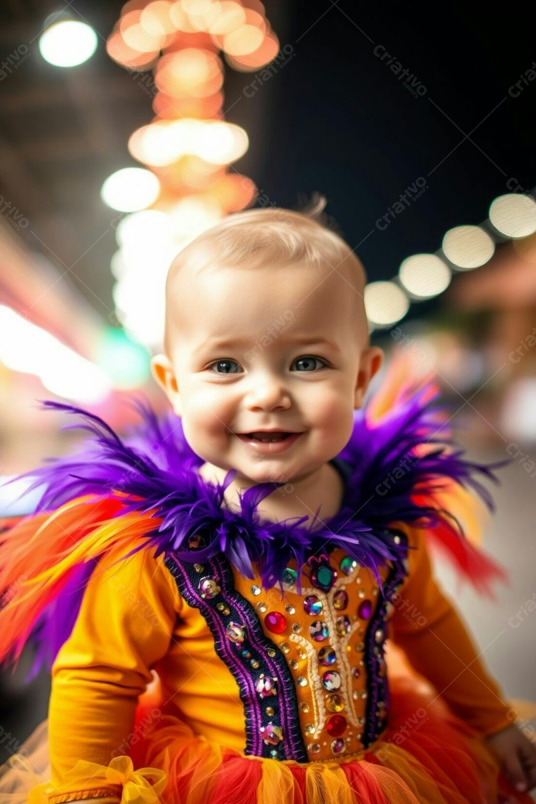 Bebê sorridente fantasia carnaval luzes fundo