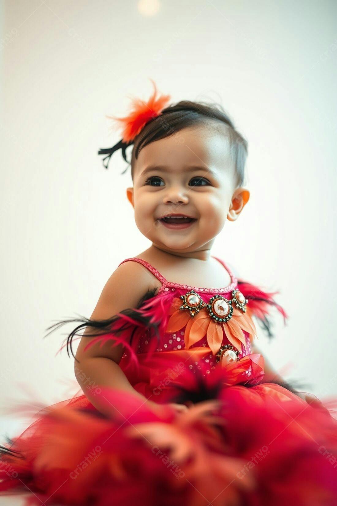 Bebê sorridente em vestido vermelho com penas