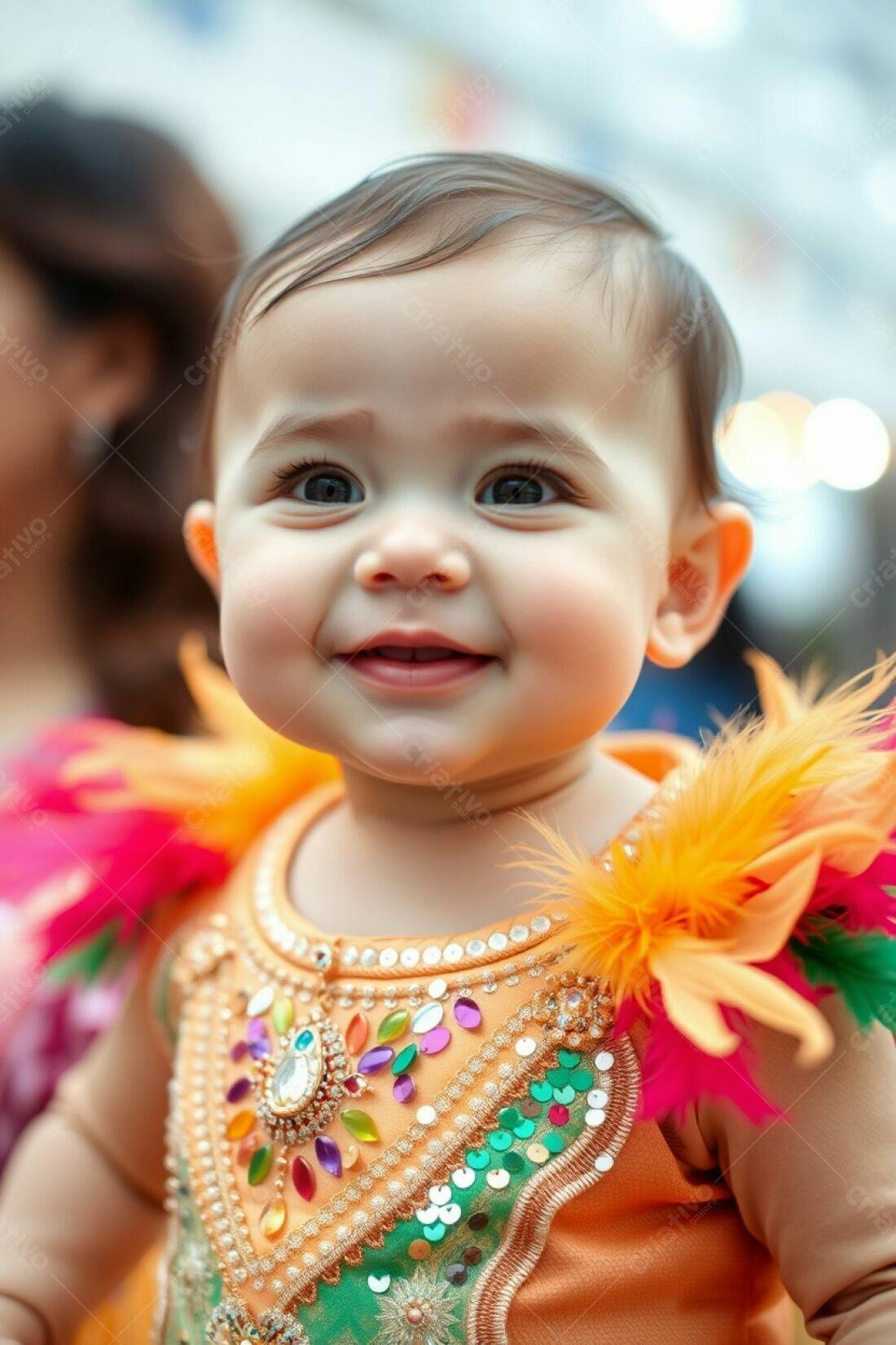 Bebê sorridente com fantasia colorida