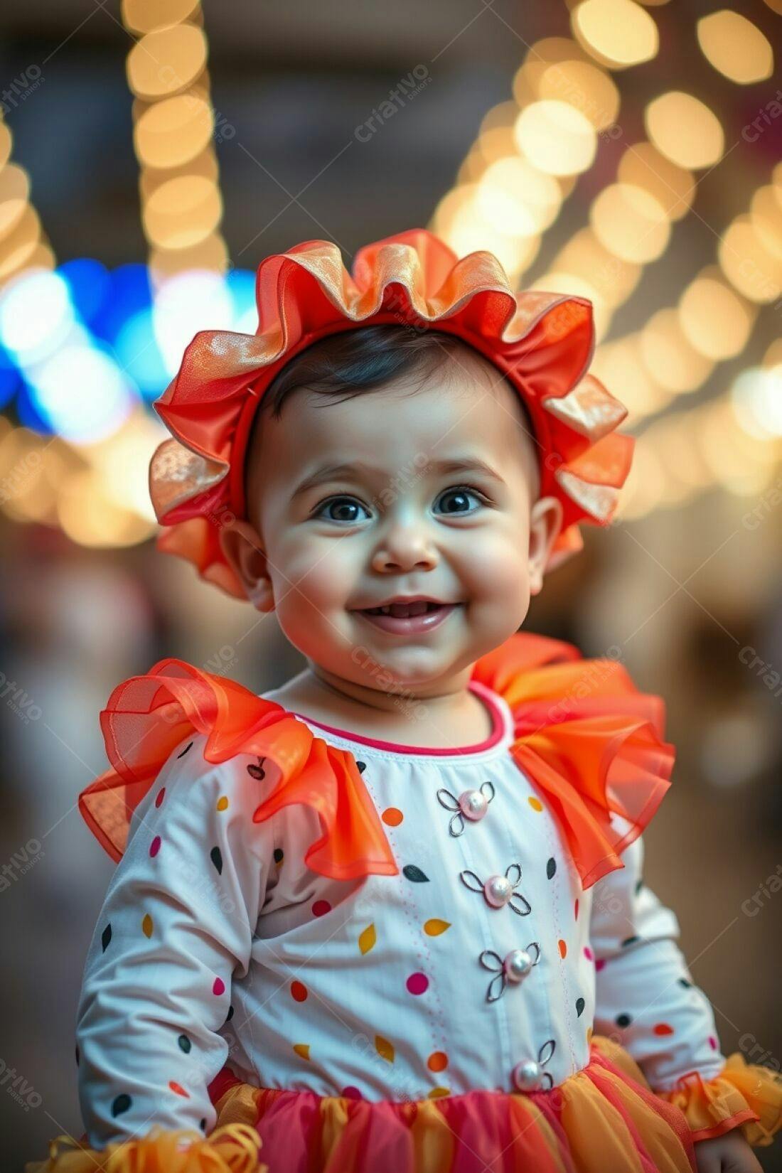 Bebê sorridente em fantasia laranja e branca