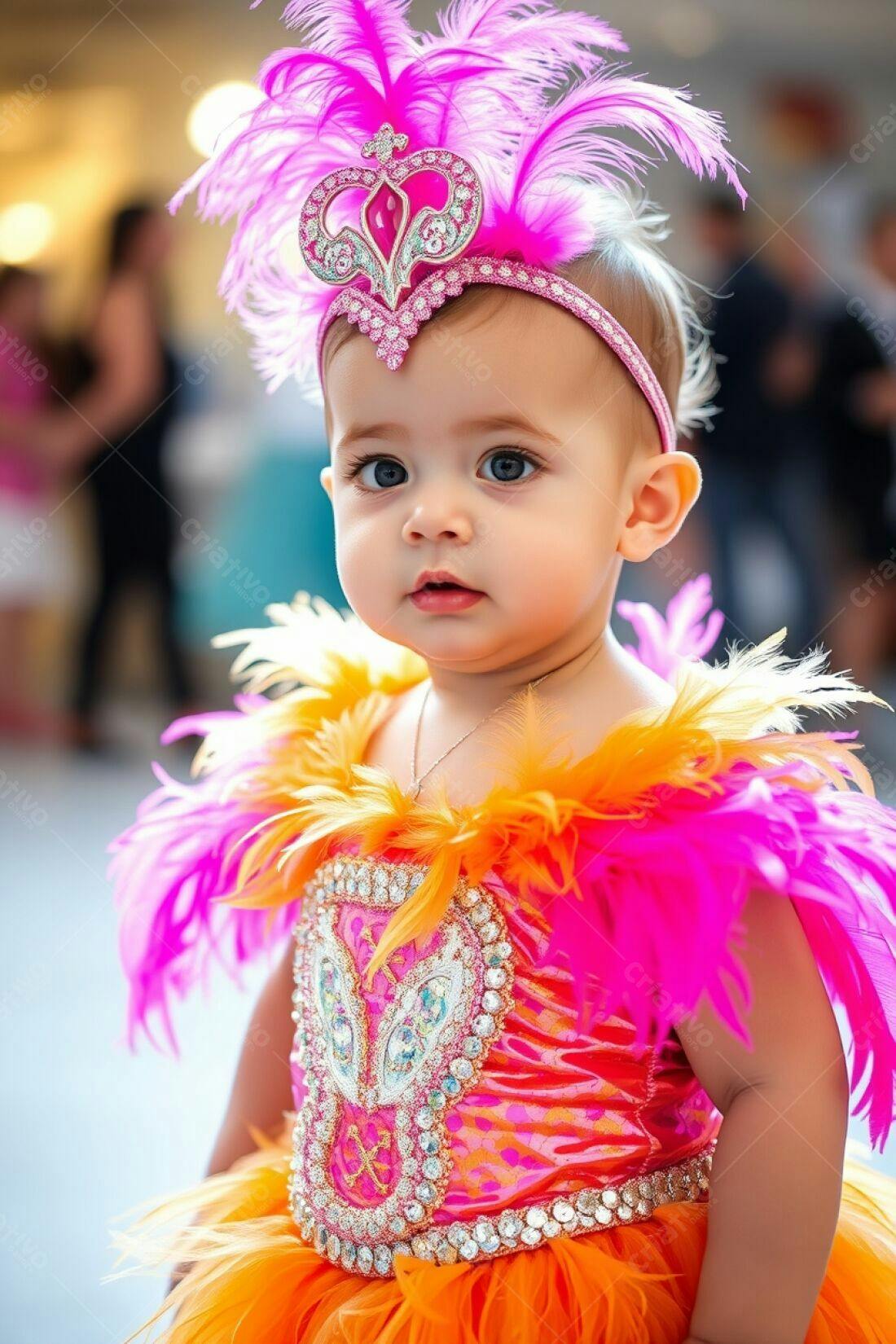 Bebê fofa em fantasia de carnaval rosa e laranja