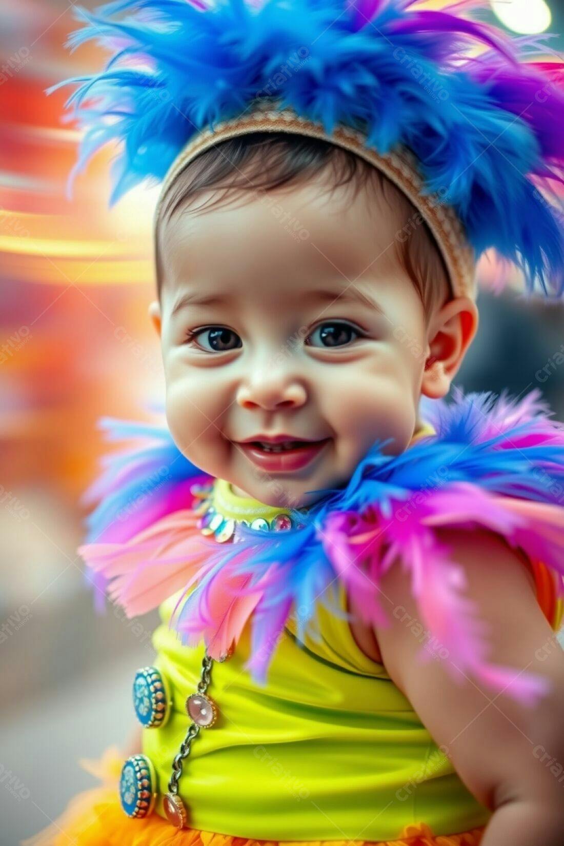 Bebê sorridente com fantasia colorida de penas